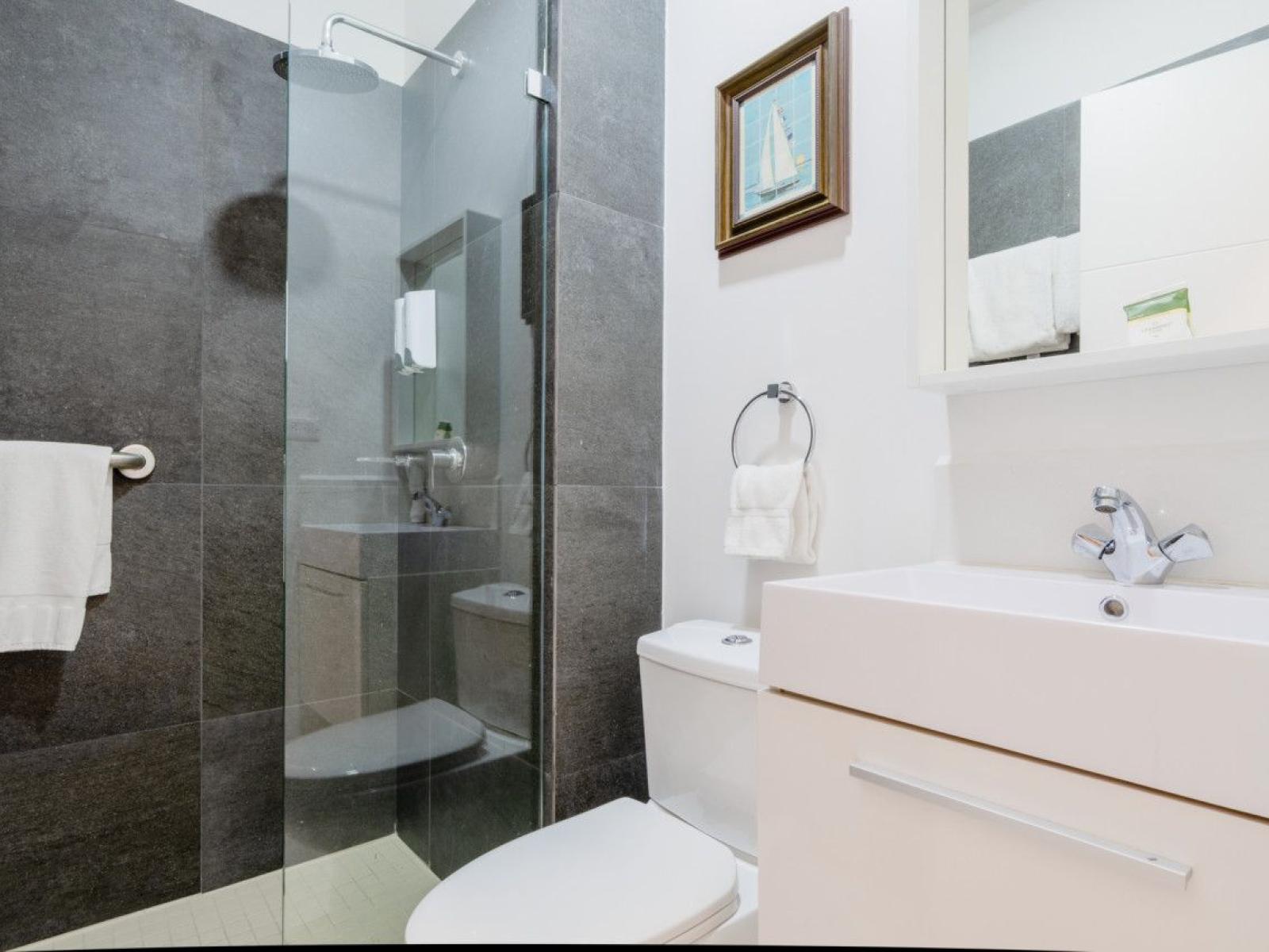 Bathroom 3 offers a modern walk in shower