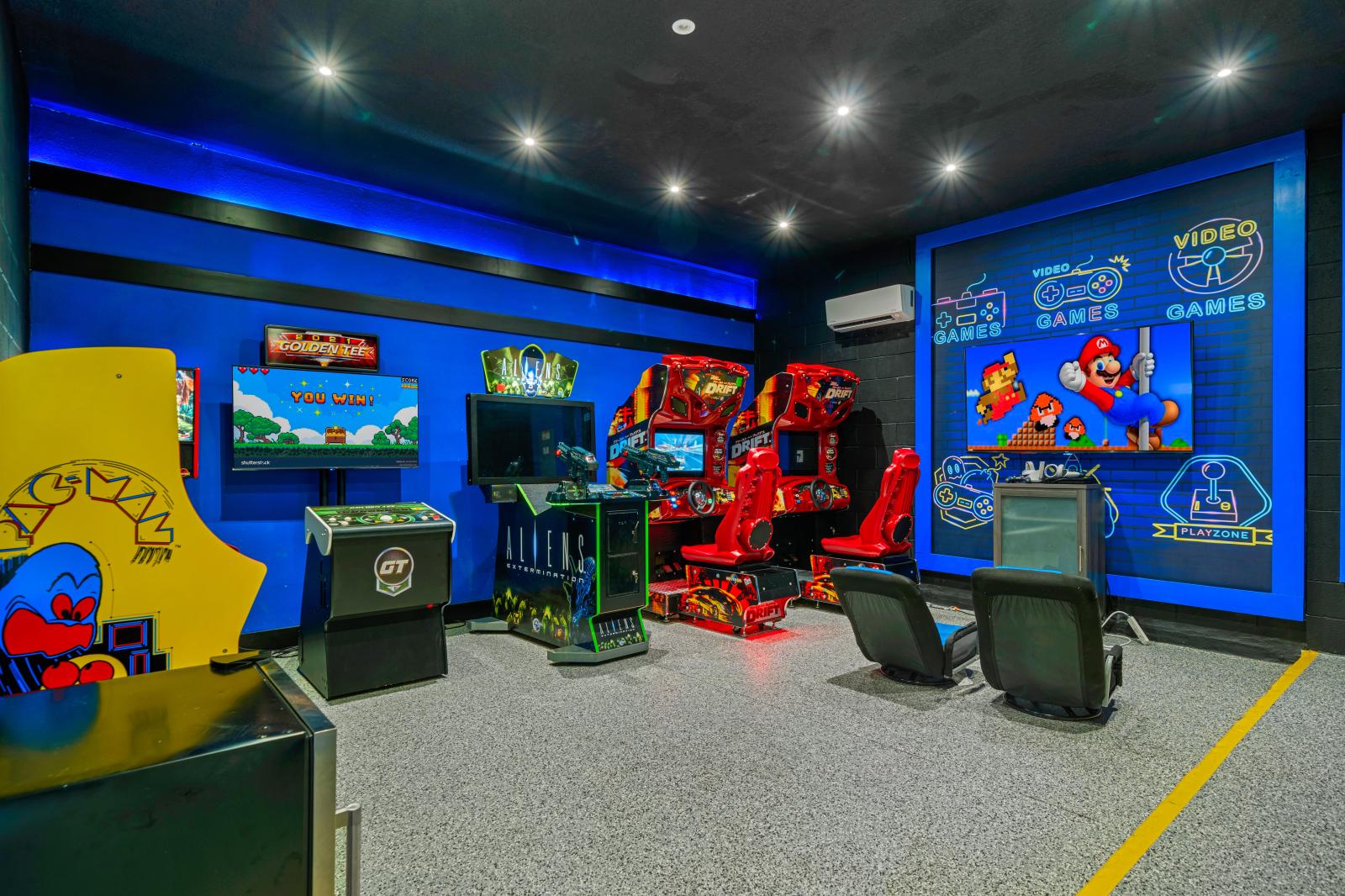 Private game room with arcade games and game console