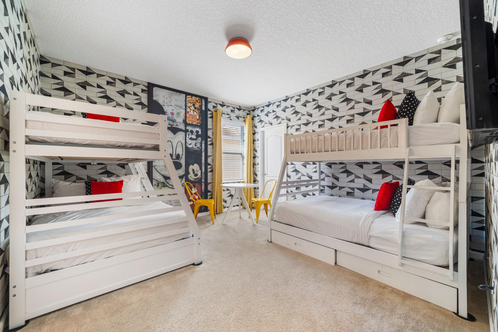 Bedroom 9, Mickey Mouse theme room with 2 double beds and 2 single beds and a private bathroom