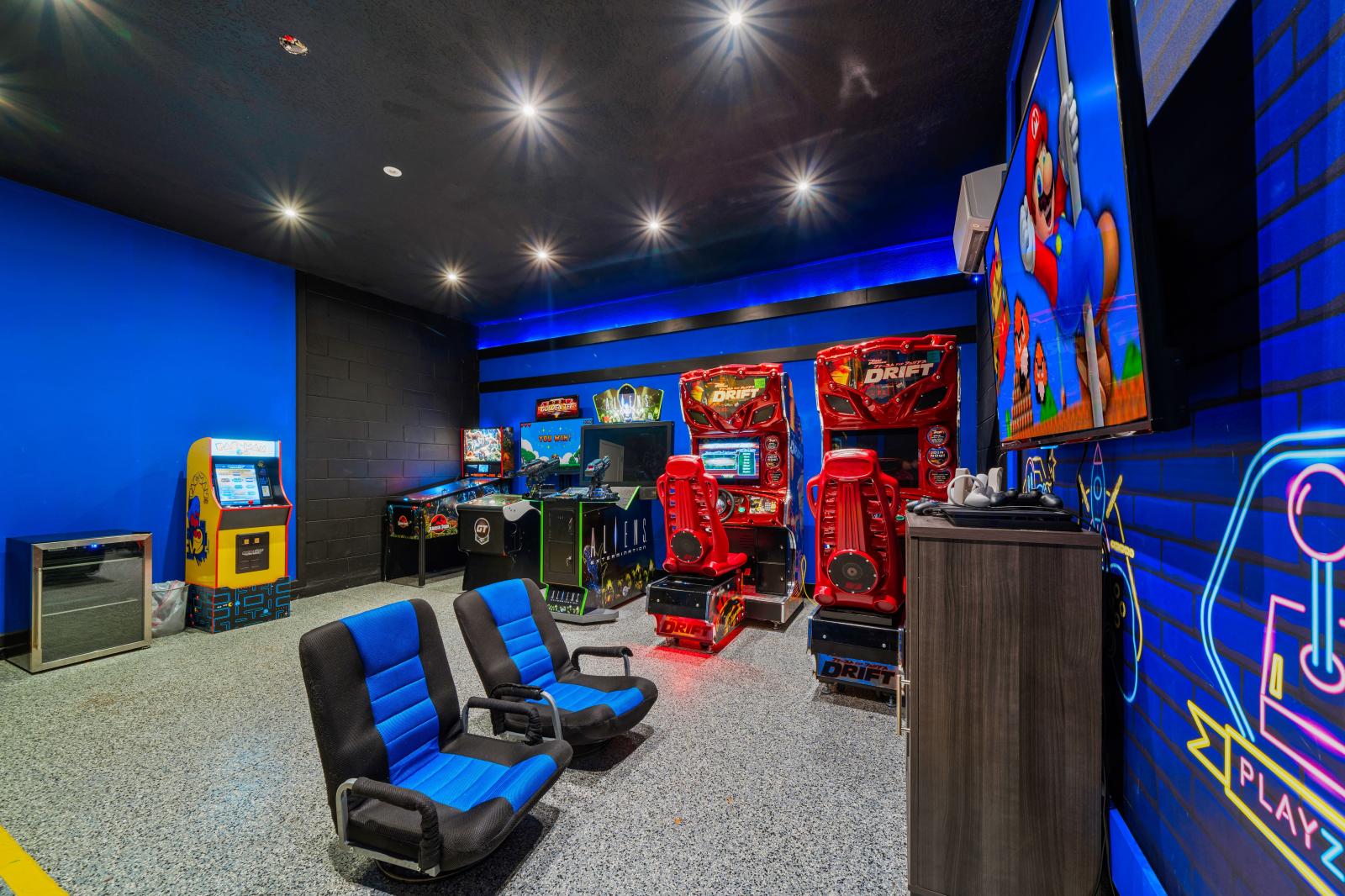 Private game room with arcade games and game console