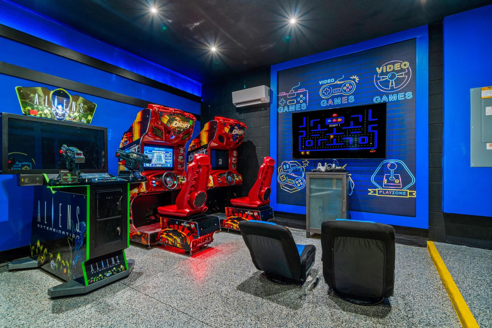 Private game room with arcade games and game console