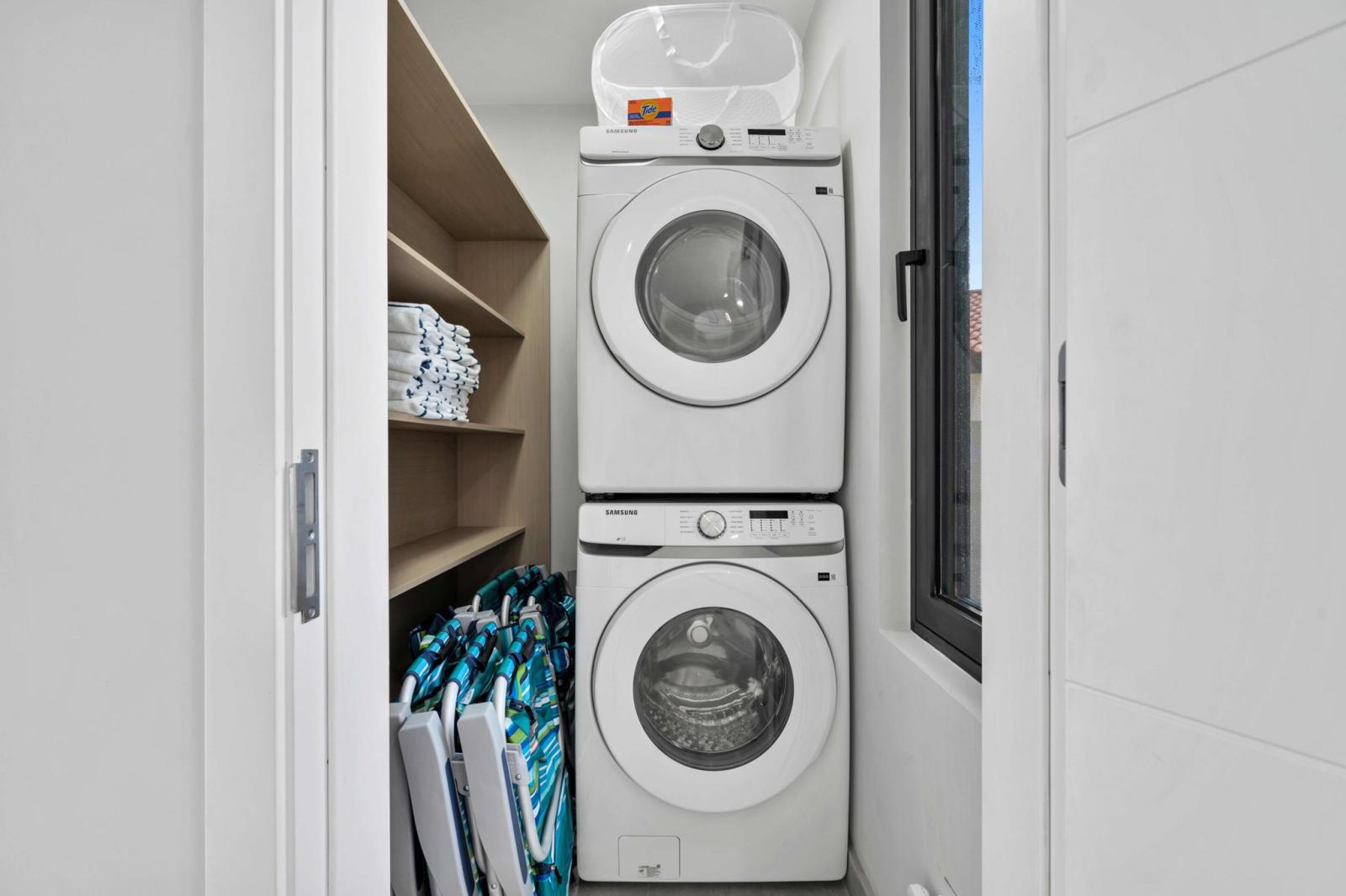 Stay fresh during your trip with an in unit washer and dryer for easy laundry access - Plenty of towels and beach chairs are ready for your days out in the sun - A convenient space to keep your clothes clean and your vacation stress free