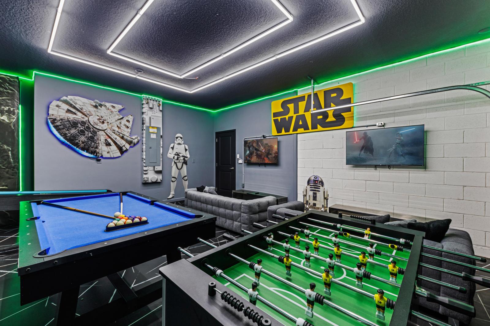 Private game room with foosball table and pool table