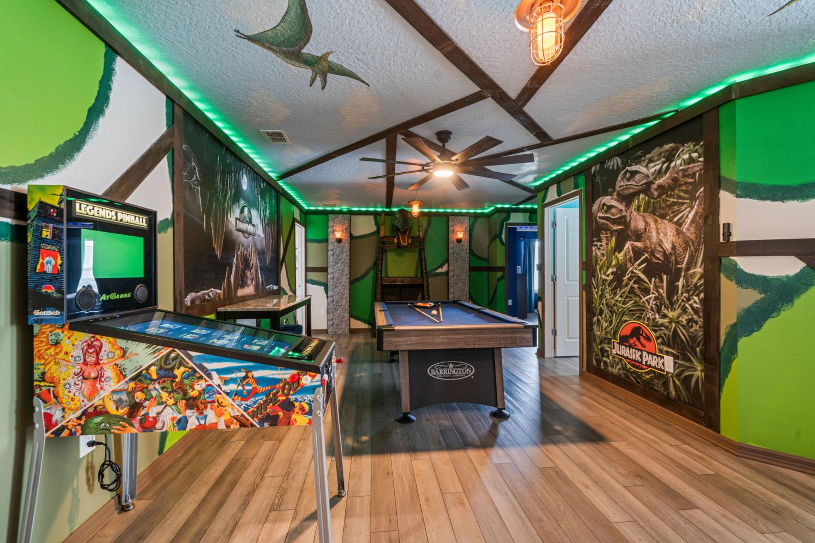 Loft area with a pool table and an arcade games