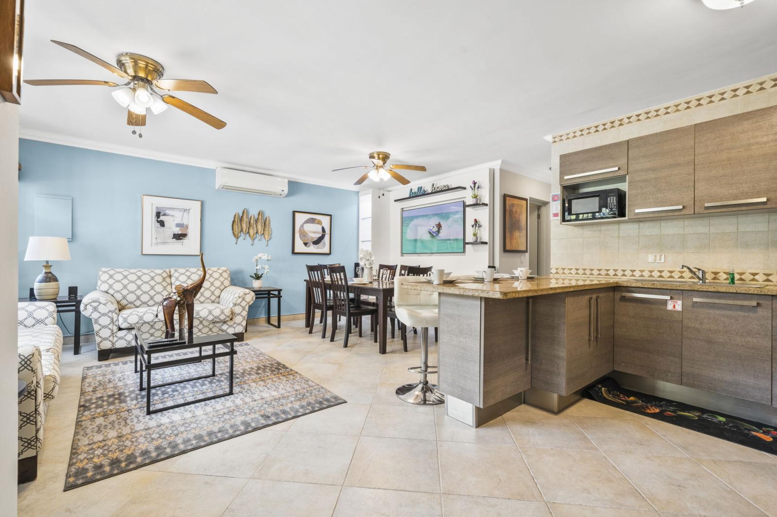 Spacious living room with smart TV