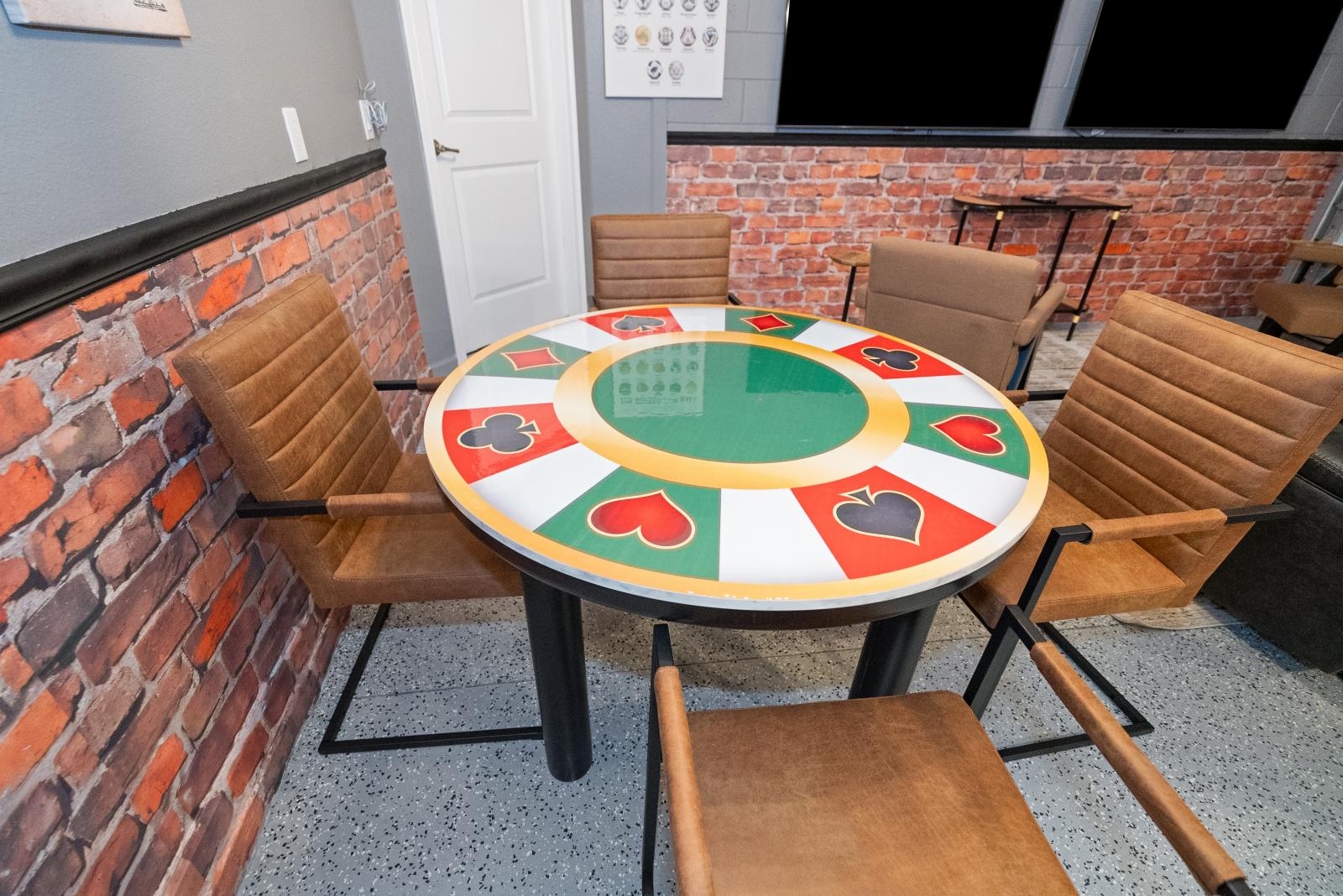 Poker game area with Smart TV and poker table
