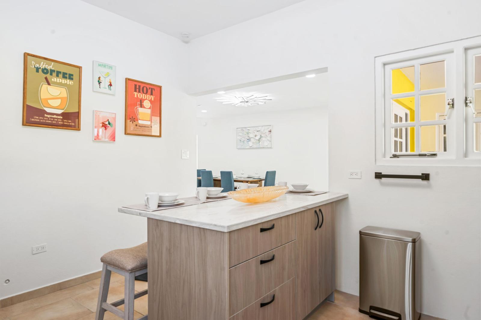 Kitchen has a breakfast bar