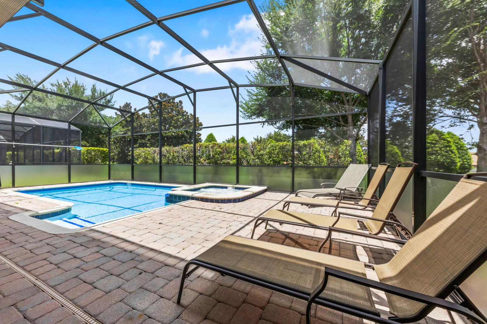 Private Pool and Spa with sun lounges