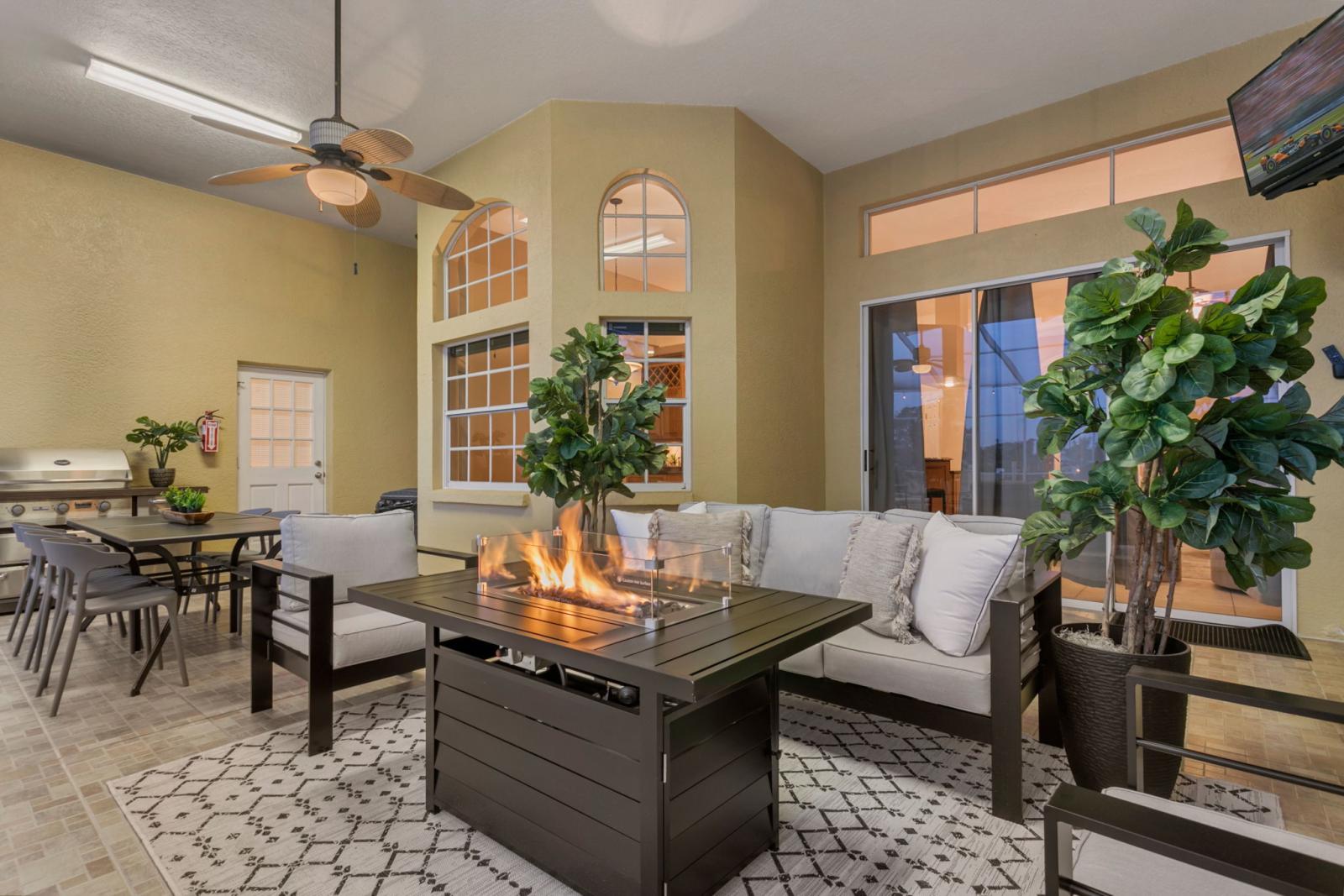Sit back and relax by the pool and enjoy the serene views and fire table