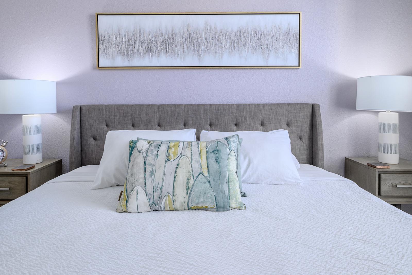 Master. Top linens, blackout blind, fan