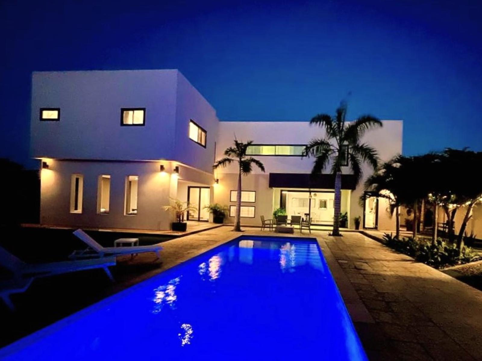 Nighttime bliss: our private swimming pool glows softly, inviting you to relax and rejuvenate after dark