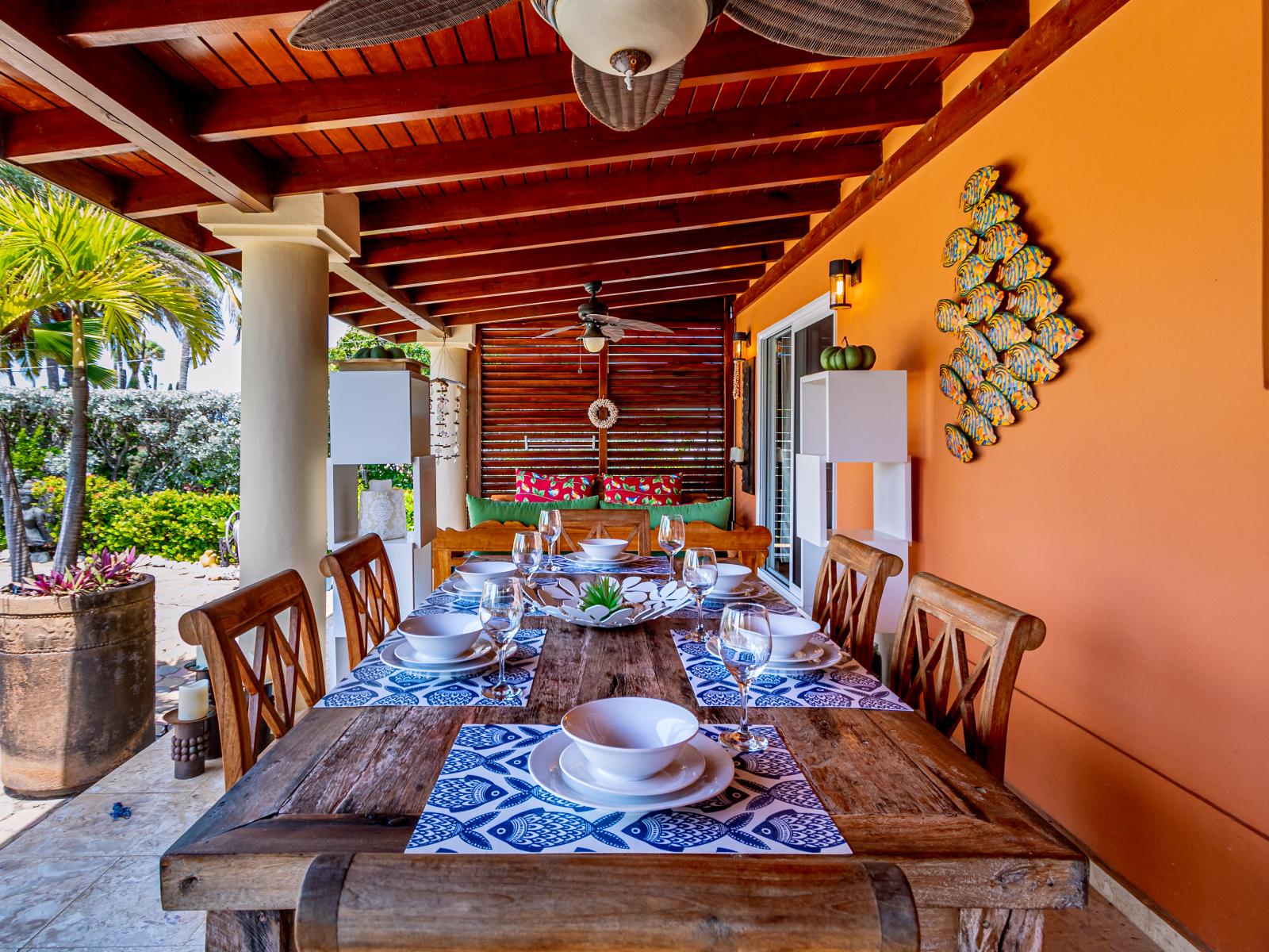 Outdoor dining table for enjoying meals by the pool