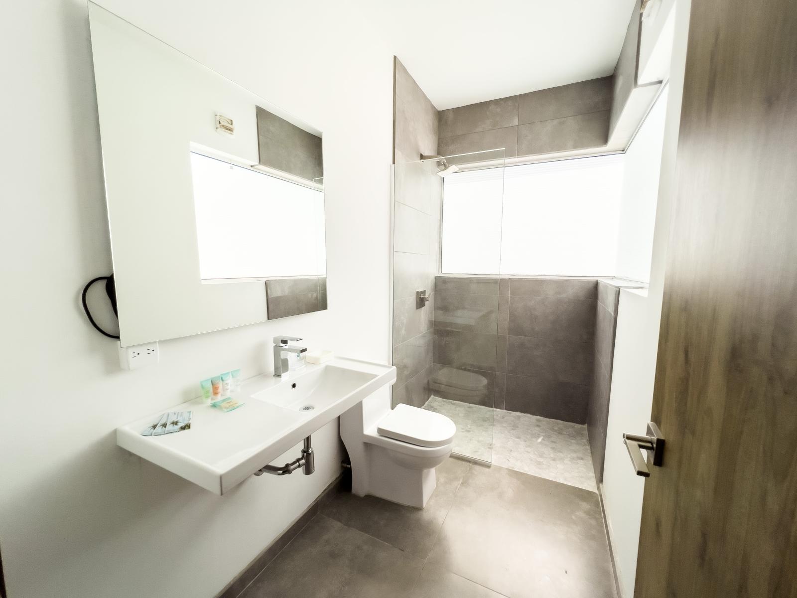 Toney Bathroom of the Villa in Noord Aruba - Elegant bathroom with luxurious fixtures and finishes - Chic Vanity with Large Mirror - Walk-in shower Area