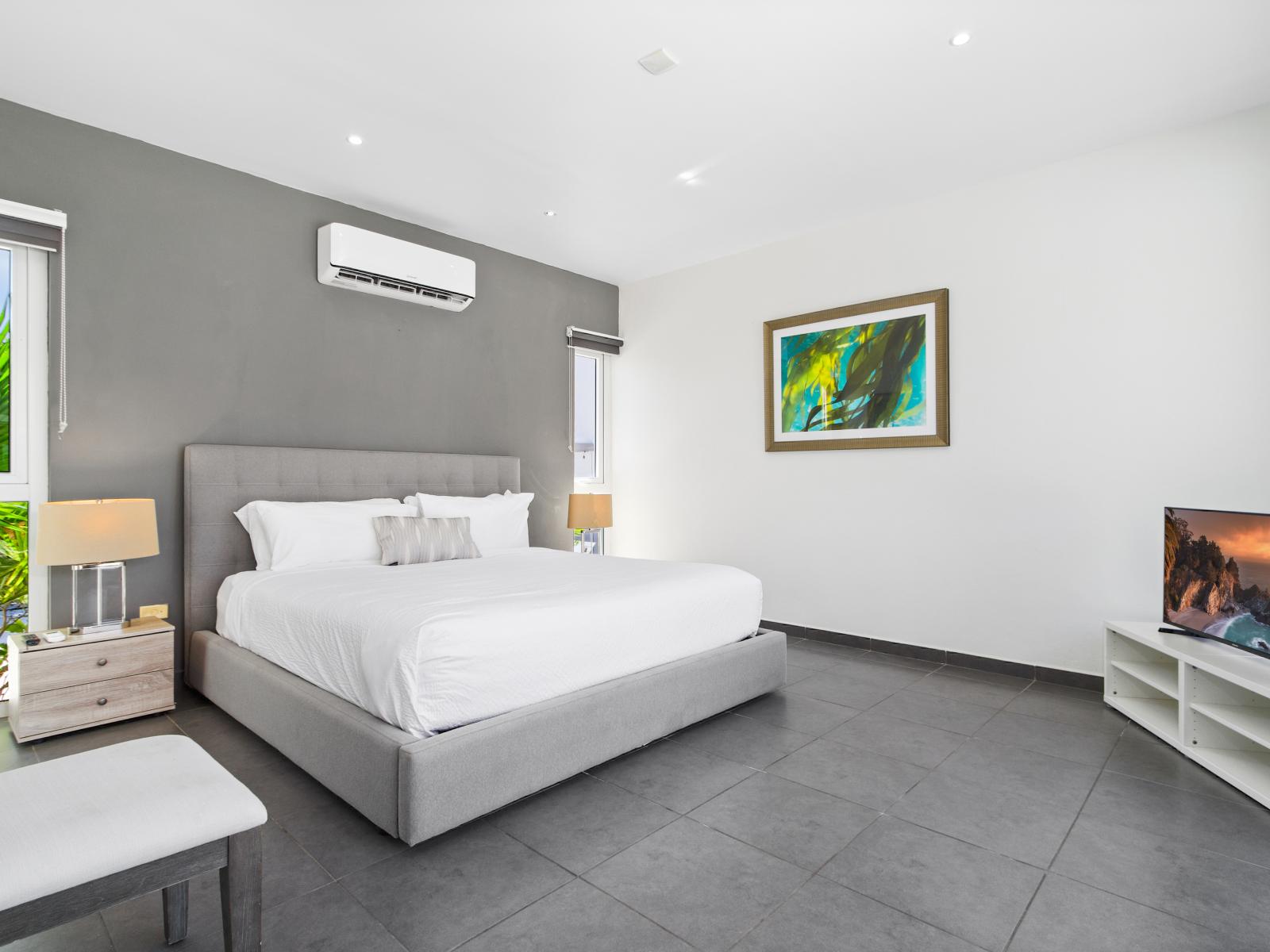 Your perfect getaway: The Master’s bedroom offers a smart TV and a private ensuite bathroom for ultimate relaxation.