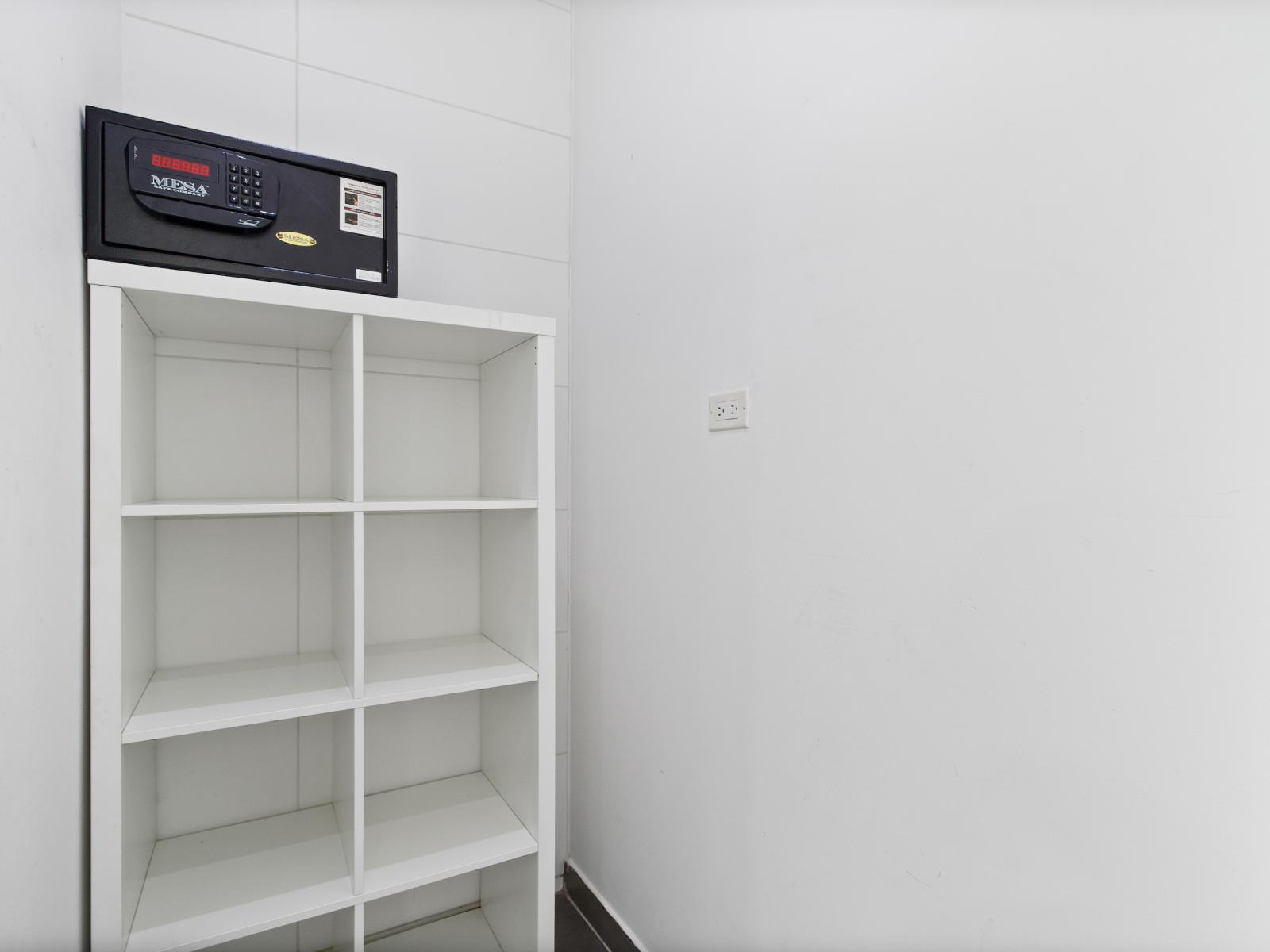 he closet is equipped with a safe for guest use, offering a secure place to store your belongings.