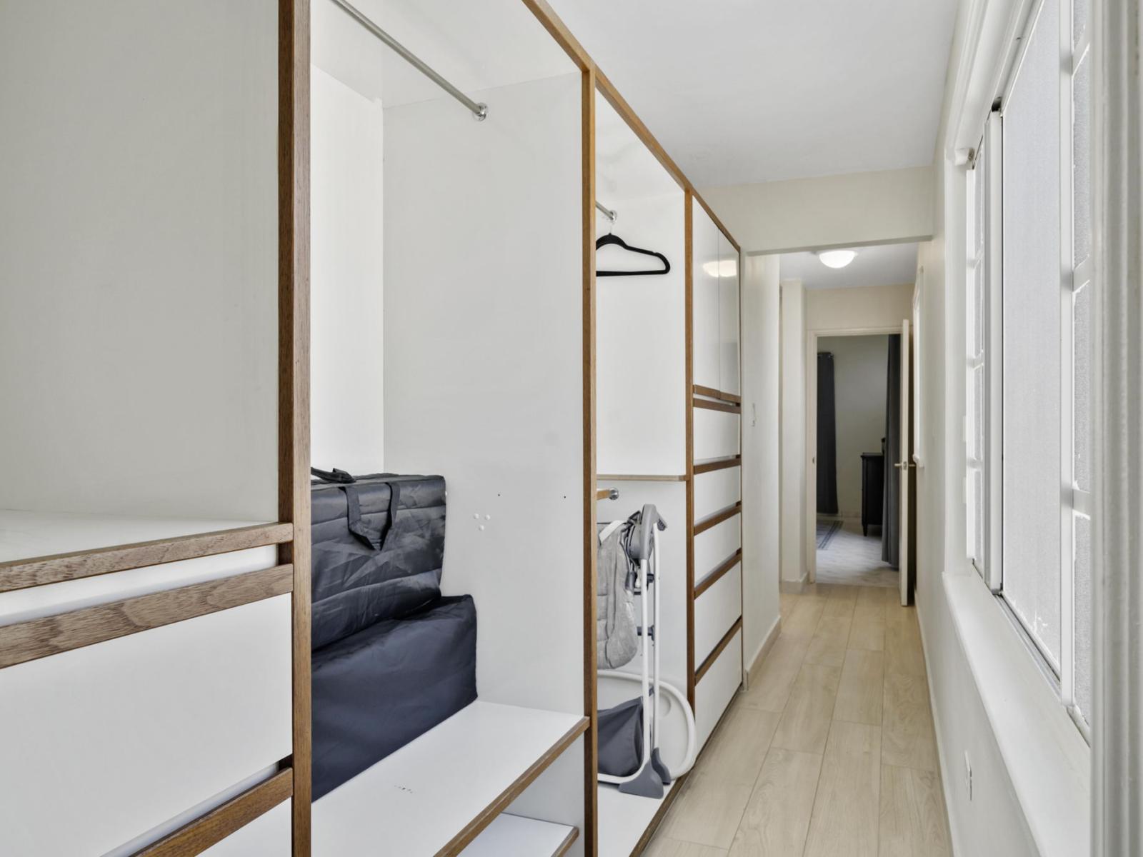 Discover the perfect blend of style and organization with our spacious walk-in closet, seamlessly integrated into the bedroom. From ample shelving to customizable storage solutions, our closet ensures that your belongings are neatly organized.