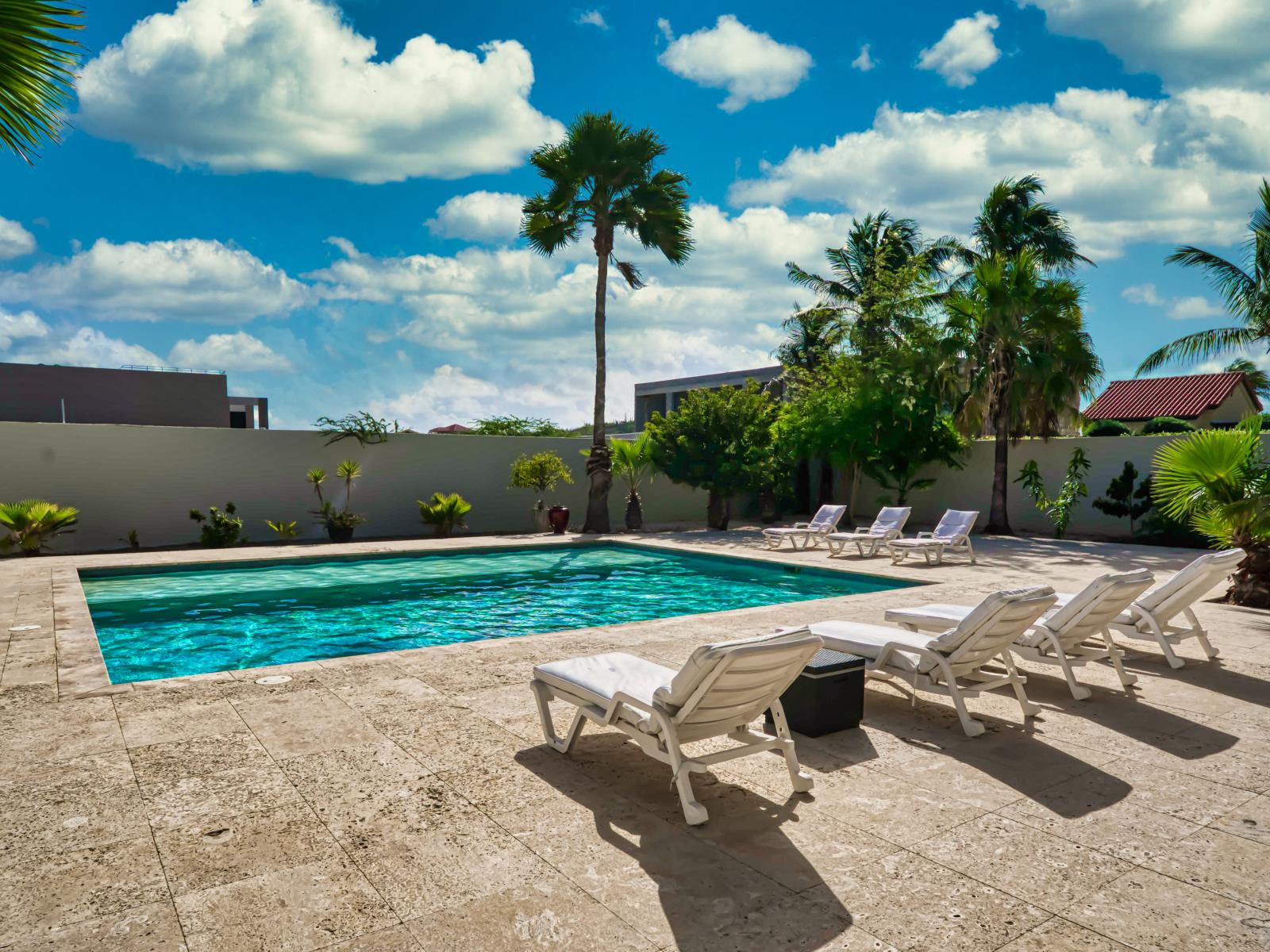 Indulge in poolside relaxation with our inviting lounge chairs, the perfect companions for soaking up the sun and enjoying moments of pure tranquility.