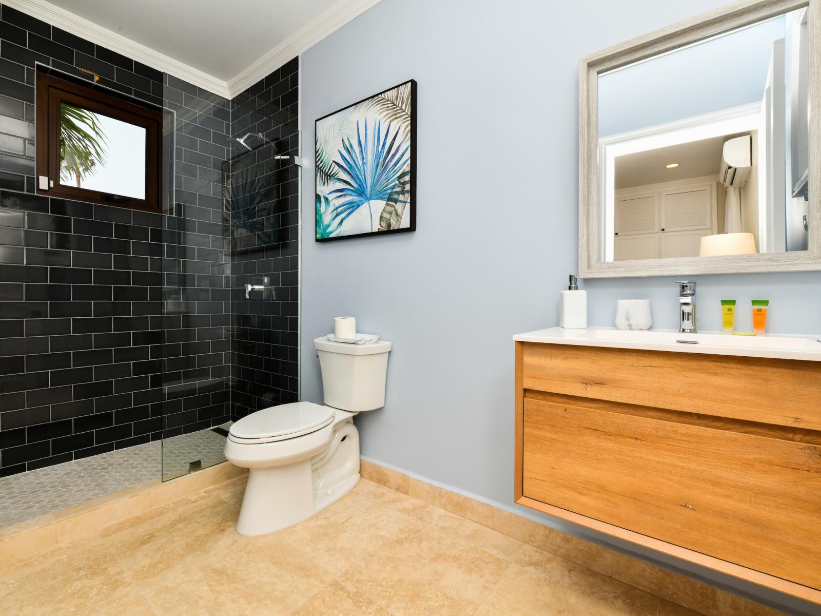 Polished Bathroom of the Villa in Noord Aruba - Chic Vanity with large mirrors - Ensuite bathroom for convenience and privacy - Walk-in shower area