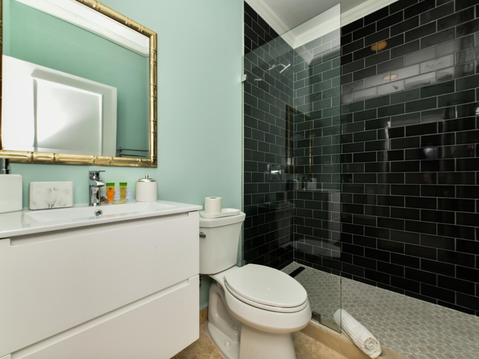 Lavish Bathroom of the Villa in Noord Aruba - Sophisticated color palette creating a serene ambiance - Chic design featuring a sleek vanity and upscale lighting - Attention to detail, from the elegant tiles to the faucets