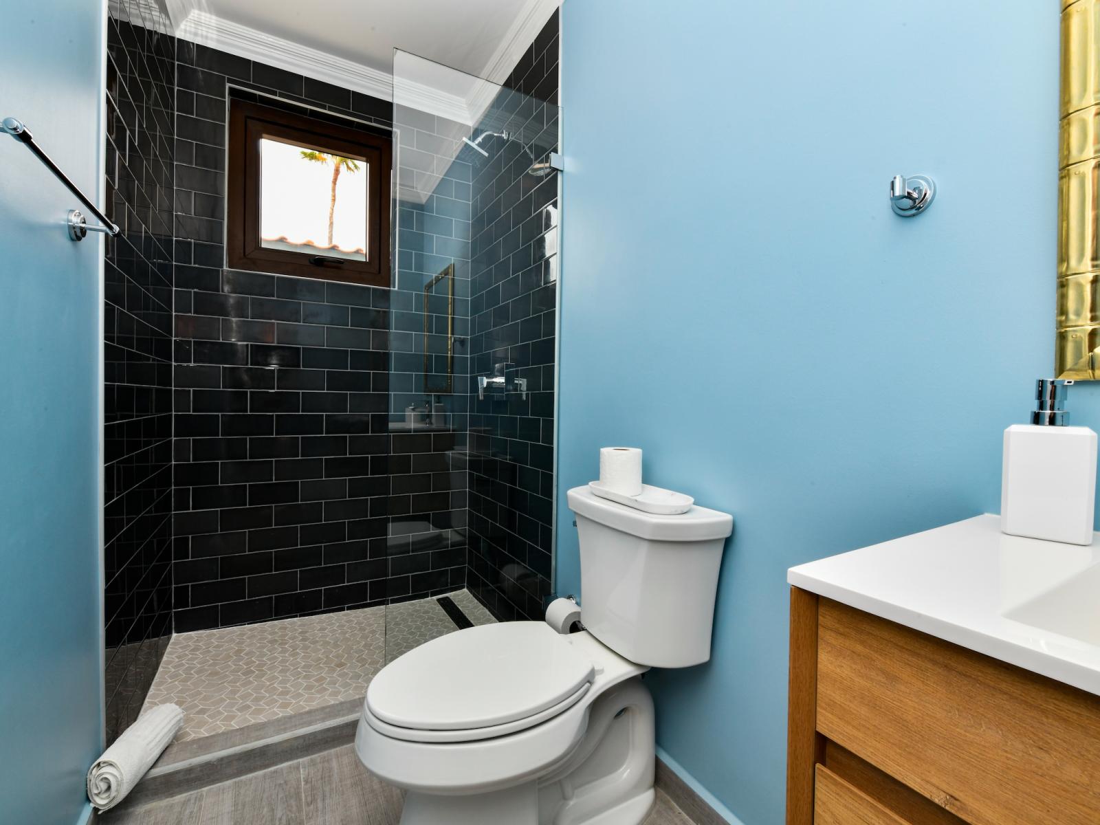 High-end Bathroom of the Villa in Noord Aruba - Polished vanity and mirror - Walk-in Shower - Attention to detail, from the elegant tiles to the faucets