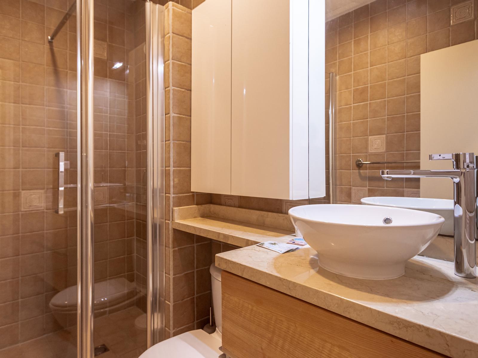 Upmarket Bathroom of the Villa in Aruba - Glass enclosed shower Area - Chic vanity - Smart use of space with excellent storage solutions