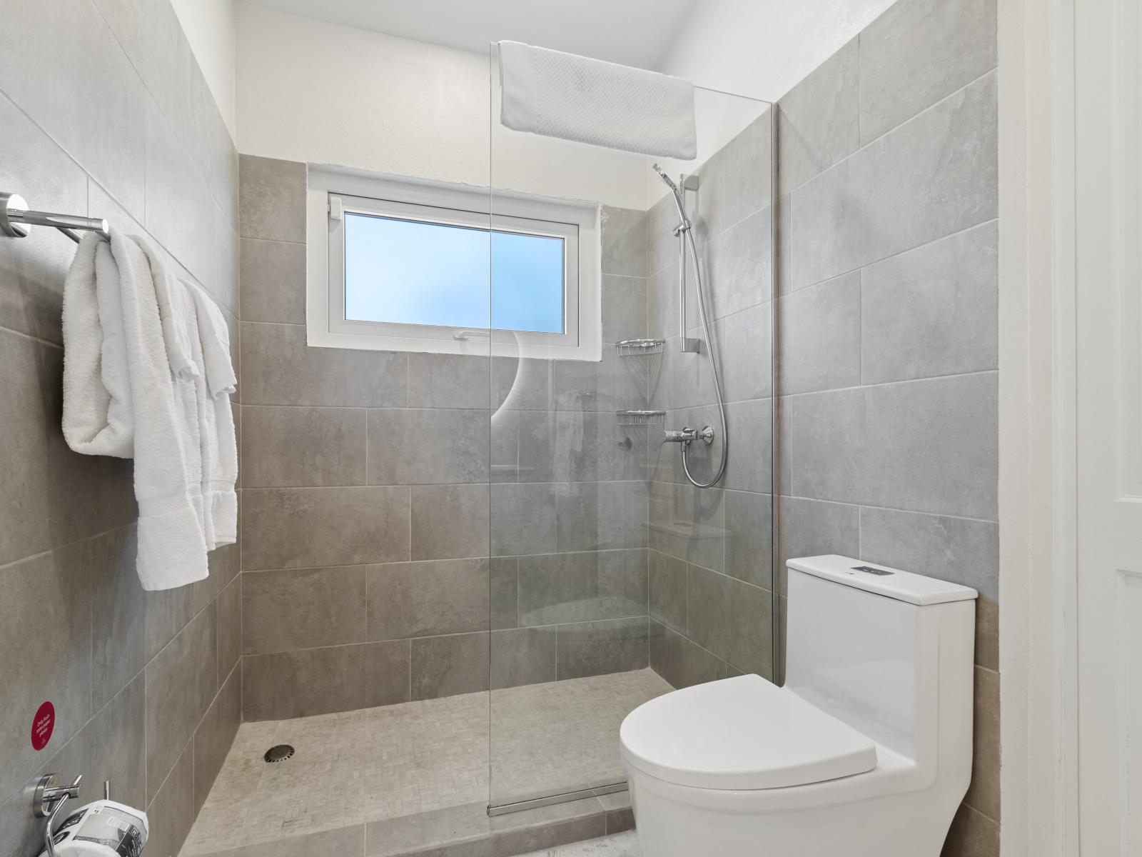 Refined Bathroom of the Villa in Noord Aruba - Jack and Jill bathroom - Attention to detail, from the elegant tiles to the faucets - Walk-in Shower Area