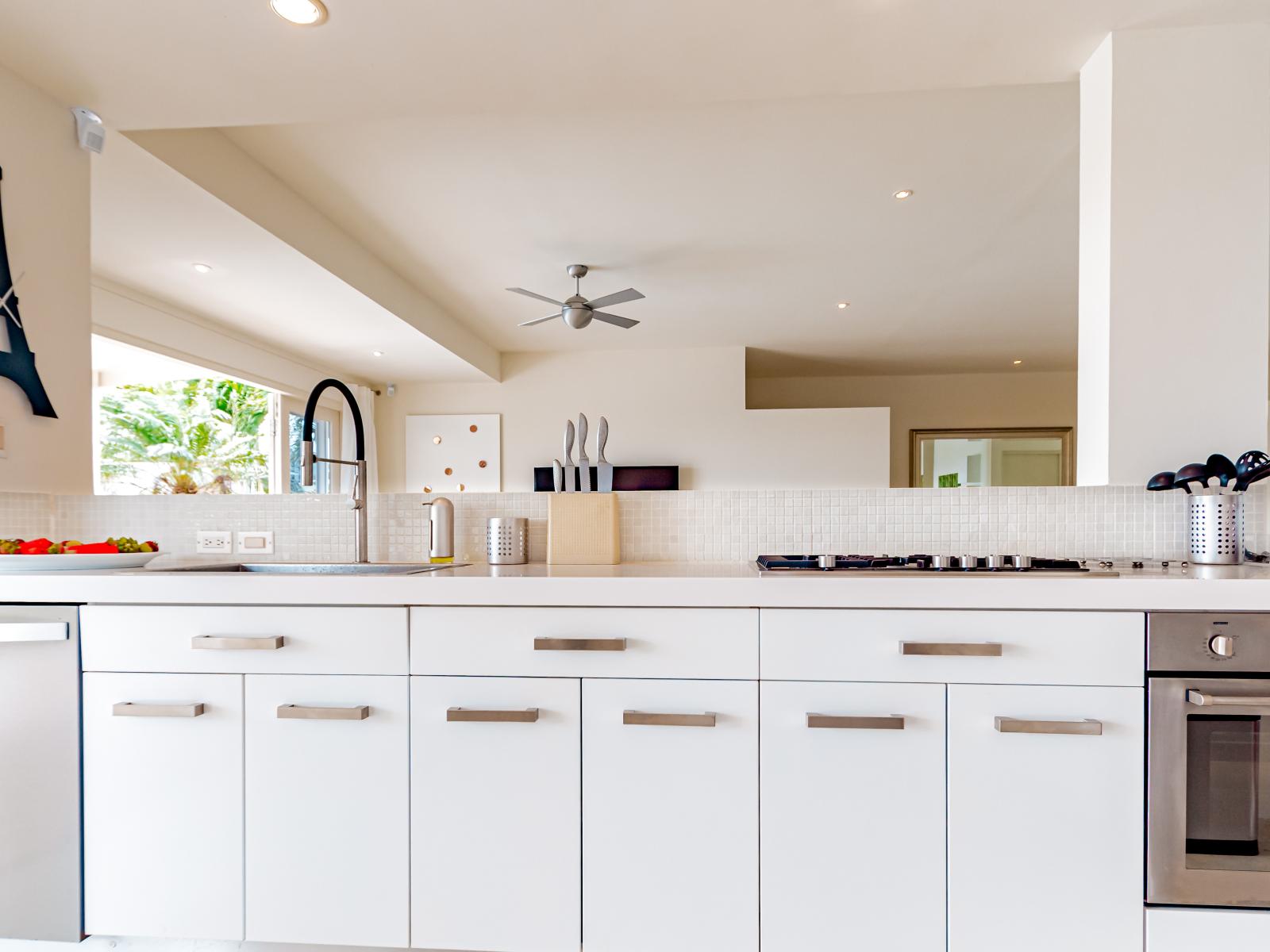 Panoramic Luxury and fully equipped Kitchen of the Home in Santa Cruz, Aruba - Availability of all kitchen accessories - Ample amount of storage - Beautiful lighting - Elegantly decored space - Sufficient space to work according to your ease