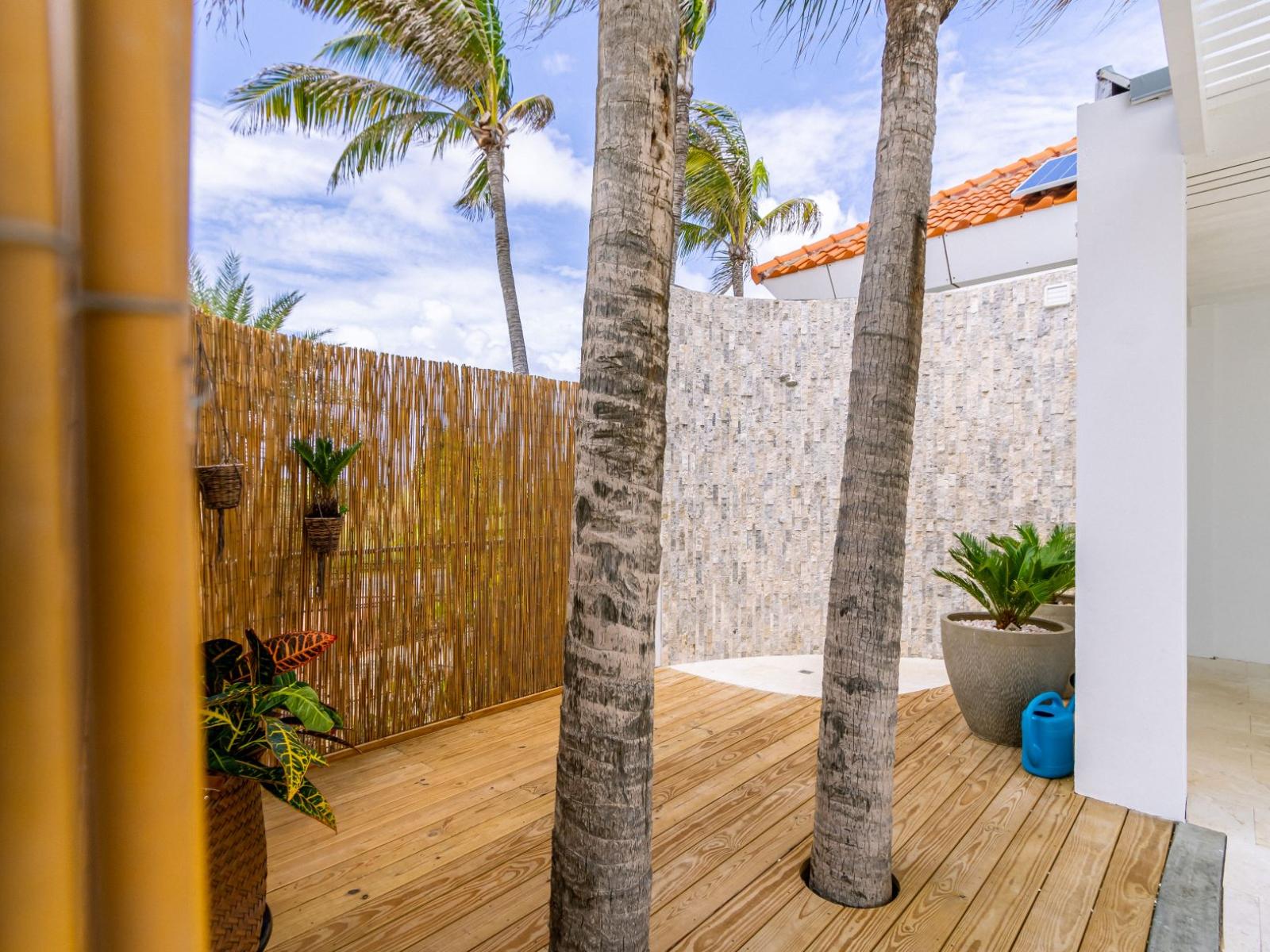 Outdoor Shower area with palm trees growing from the floor