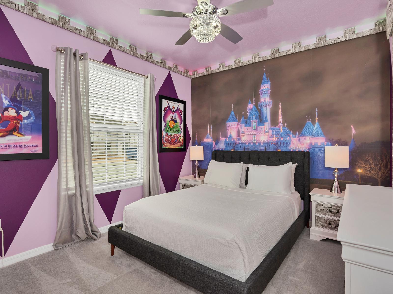 Welcome to the Disneyland-themed bedroom, where the magic of Disney transforms every moment into an enchanting adventure. With vibrant colors and beloved characters, it's a whimsical retreat where dreams of fantasy and wonder come to life.