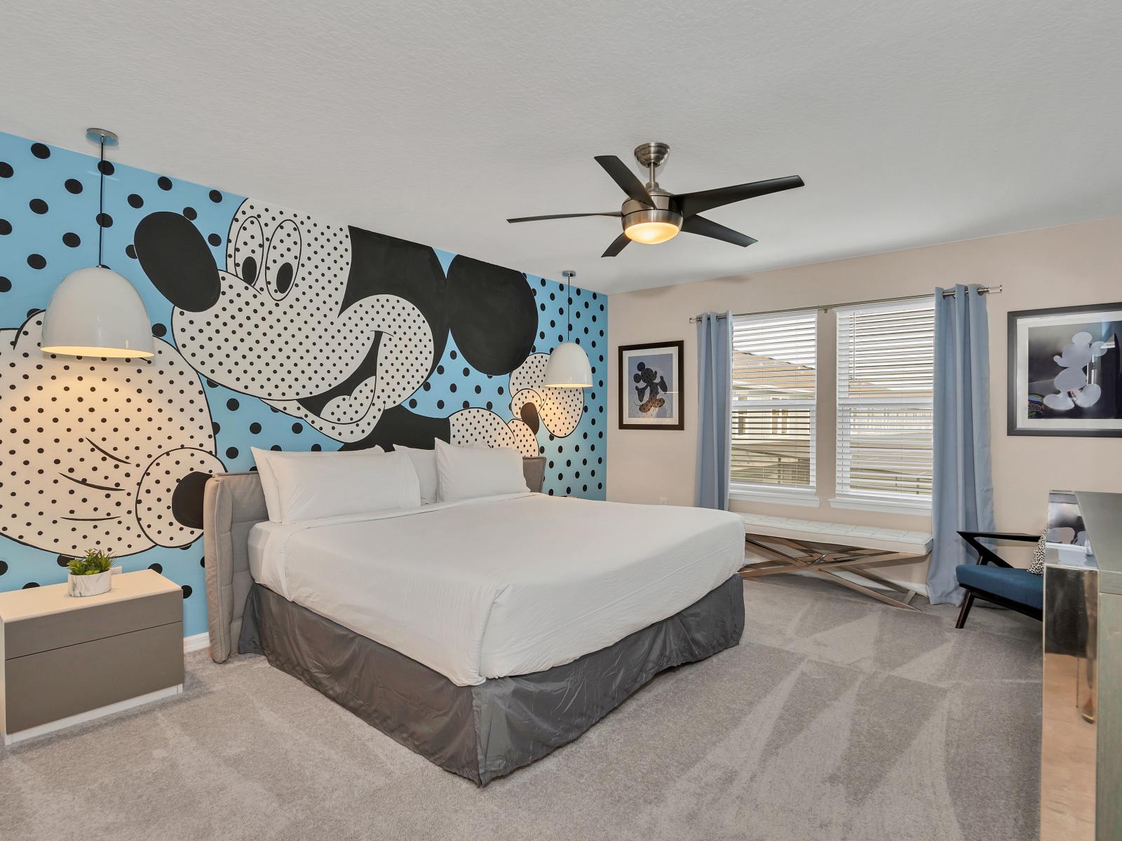 Enter the Mickey Mouse-themed bedroom, a whimsical retreat where the charm of Disney comes alive. Adorned with iconic Mickey motifs, it's a delightful space where dreams are sprinkled with a touch of magic and joy.