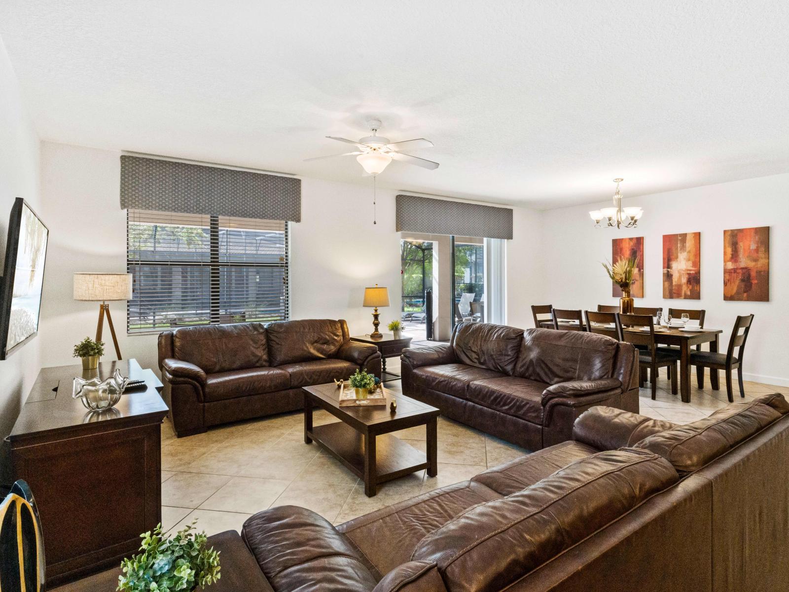 This open layout of the dining and living room is professionally designed and decorated to give our guests airy feel throughout the home.