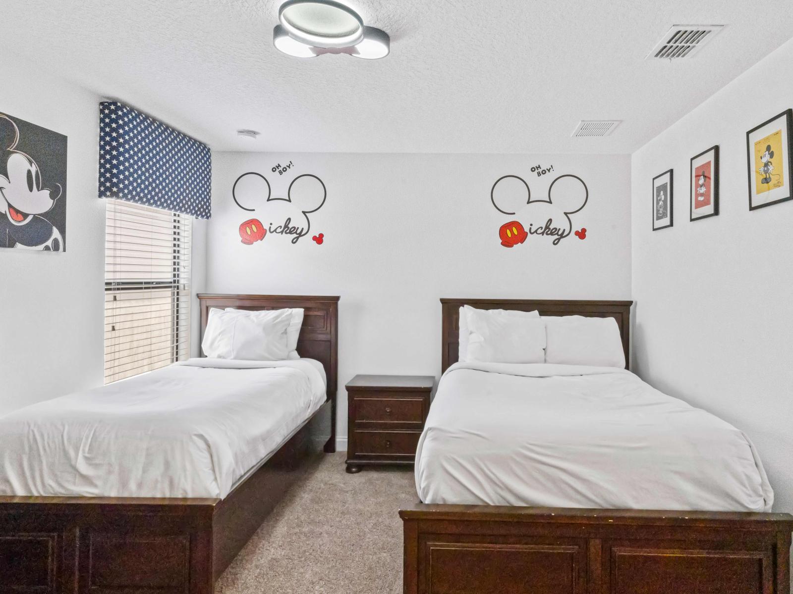 Step into our enchanting Mickey themed bedroom, where the whimsy and wonder of Disney come to life in every detail, creating a magical retreat for our guests.