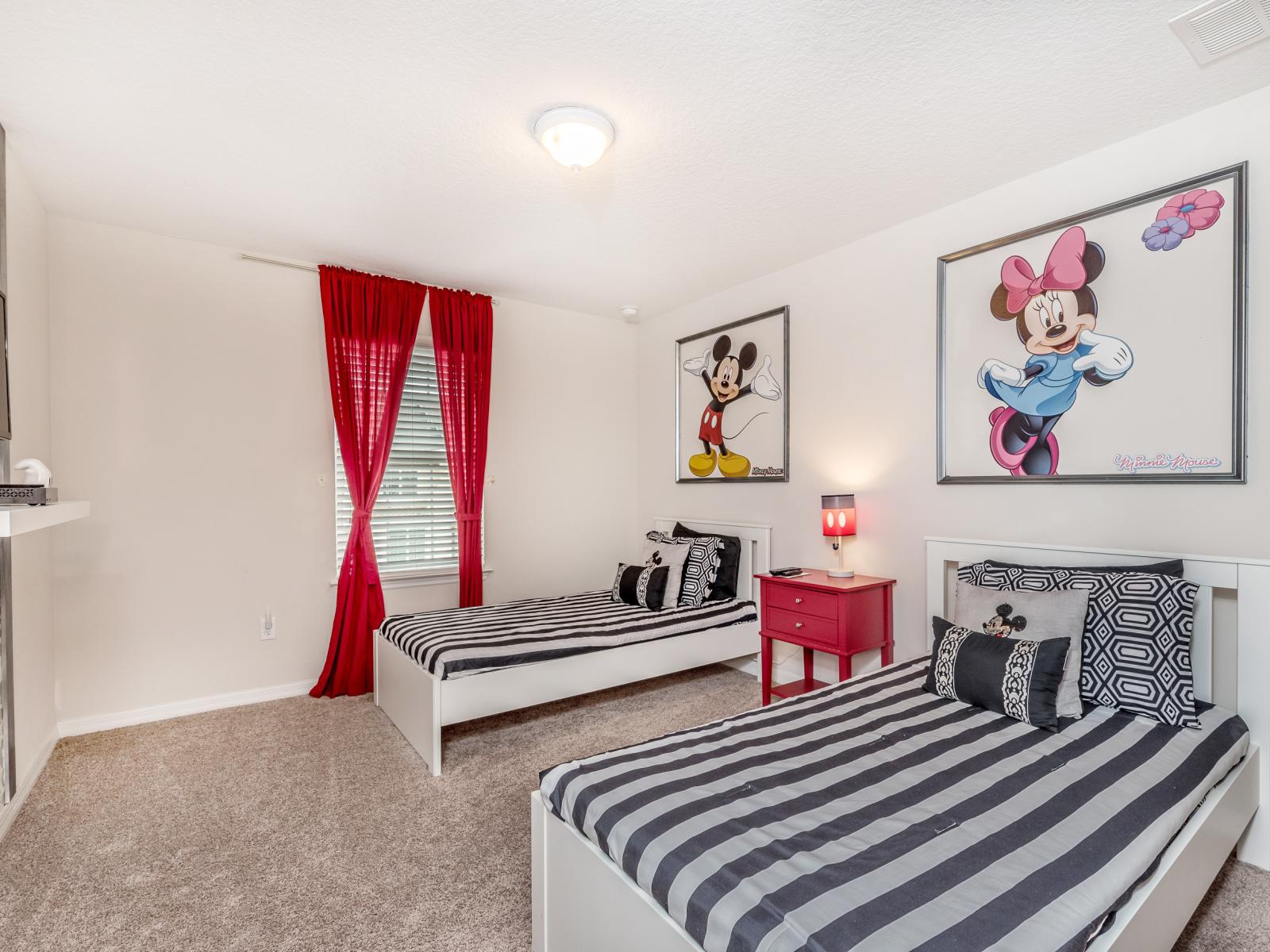 - Experience the magic of Disney with our Mickey-themed room, complete with two cozy single beds. - Stunning wardrobe with sufficient space - Enjoy the Availability of Smart Tv and Netflix - Indulge in mesmerizing views from the windows of the room