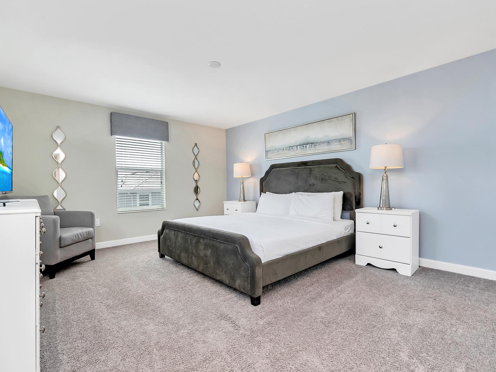 Spacious Bedroom of the Home in Davenport Florida - Indulge in the bliss of comfy bedroom - A private oasis of luxury - Bright and airy bedroom with window for natural illumination - Smart TV and Netflix