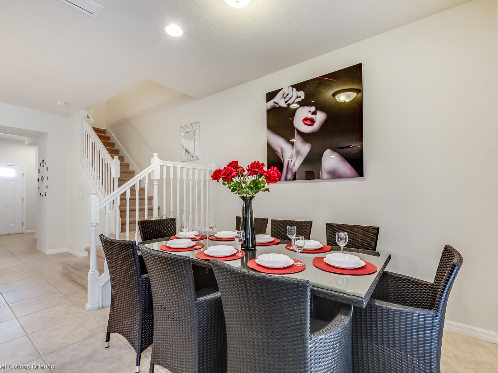 Marvelous dinning area of the apartment in Kissimmee - Beautiful window facing dinning area of the apartment - Elite 8 persons dinning - Stunningly located large windows with mesmerizing views - Majestic decored space with beautiful paintings