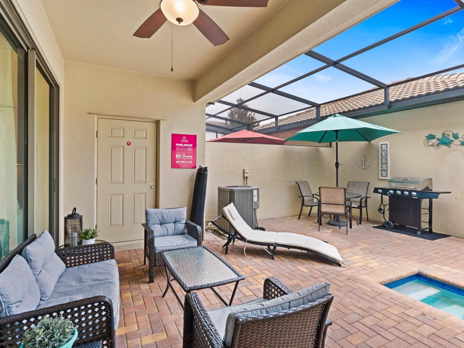 Pool deck with seating and dinning area