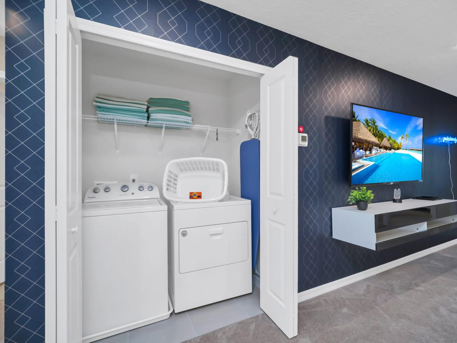 Laundry area of the townhouse in Polk County, Florida - Efficient and modern laundry area for your convenience - Both washer and dryer provided for hassle-free laundry.