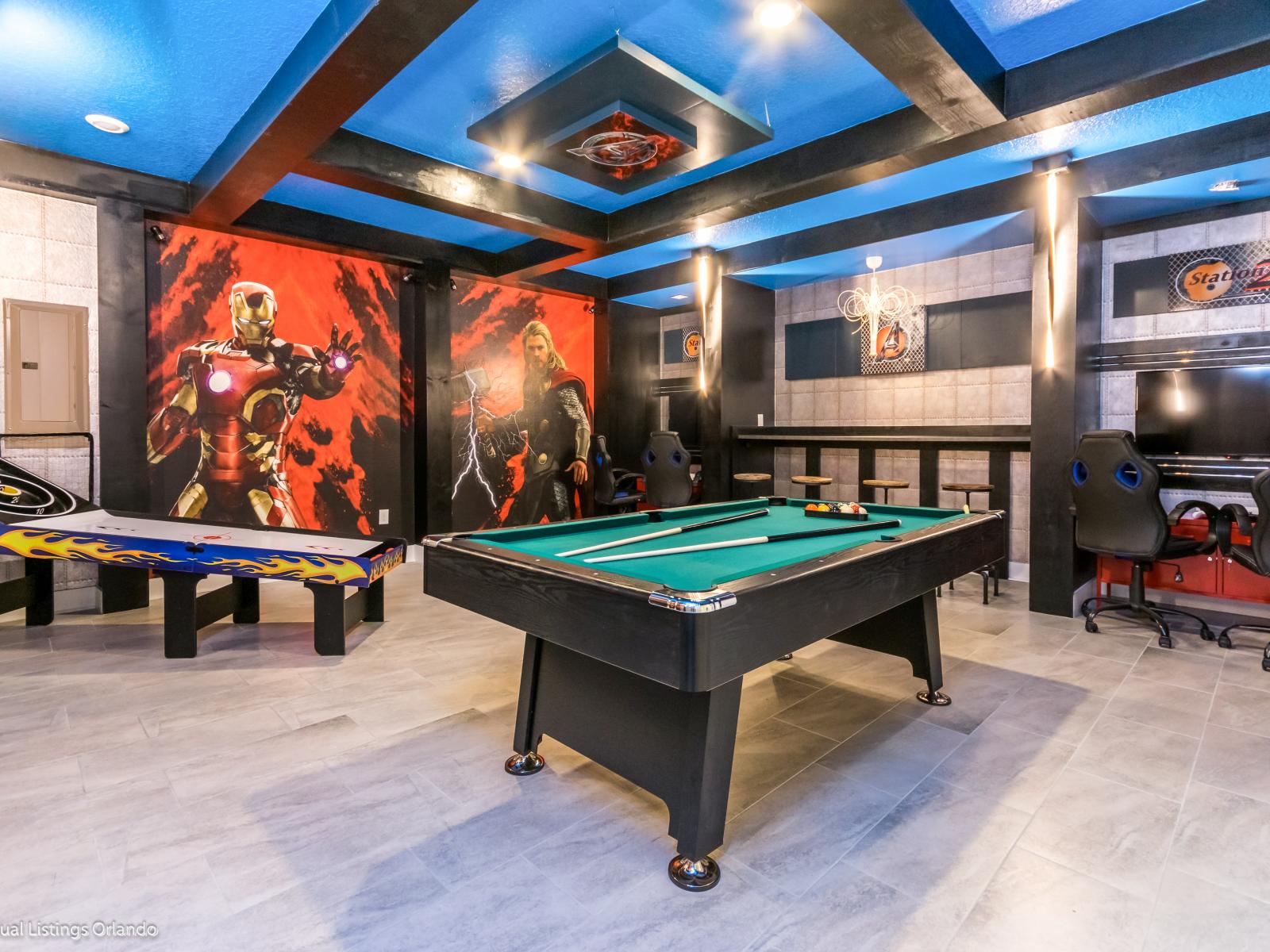 Unleash Your Inner Superhero: Dive into Adventure in Our Marvel-Themed Game Room, Where Every Game is a Heroic Quest.