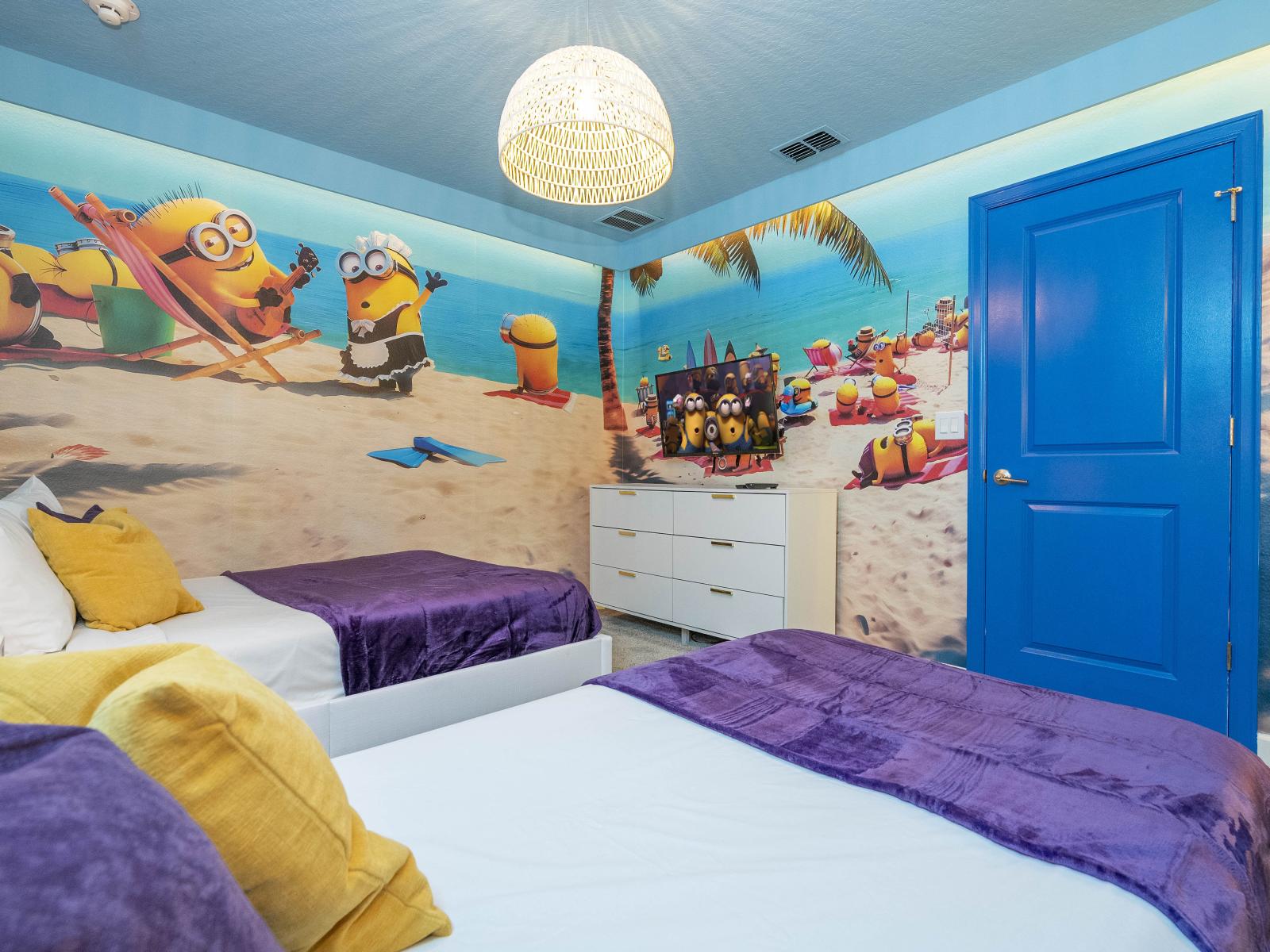 Minions themed bedroom of the home in Kissimmee Florida - Featuring one double bed and one single bed - Inviting bedroom with a soothing color palette for a tranquil feel.