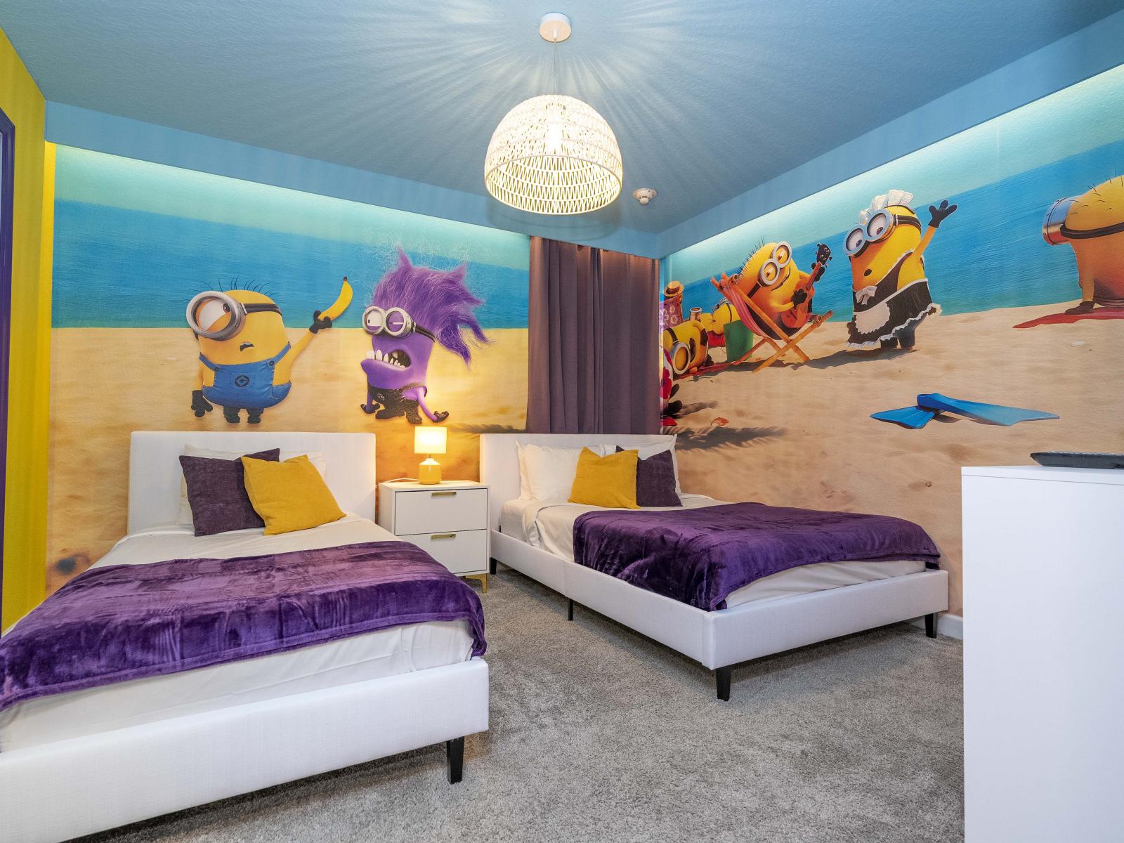 Minions themed bedroom of the home in Kissimmee Florida - Featuring one double bed and one single bed - Inviting bedroom with a soothing color palette for a tranquil feel.