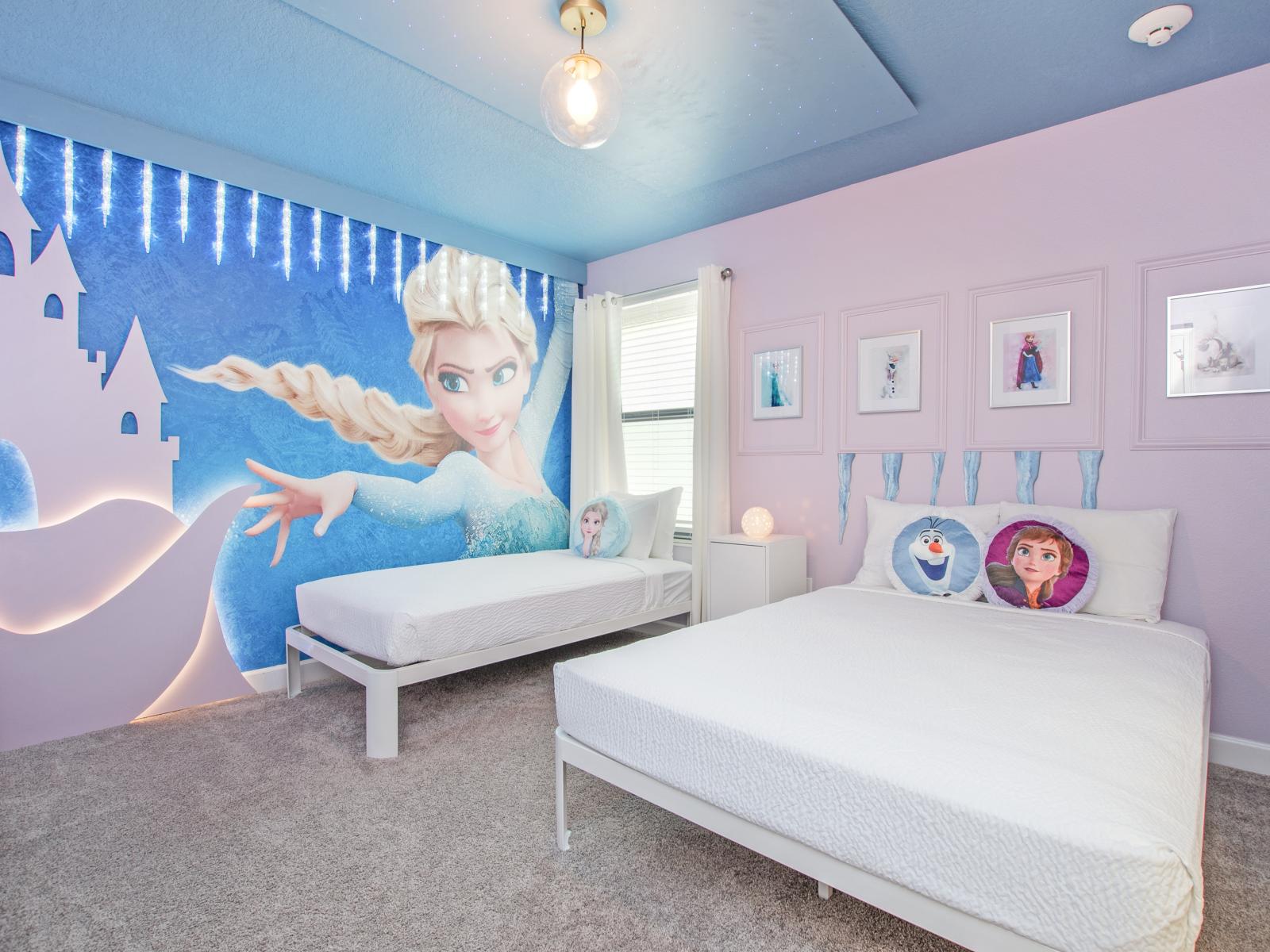 Let it go! Immerse yourself in our Frozen themed bedroom, where magic and adventure await.