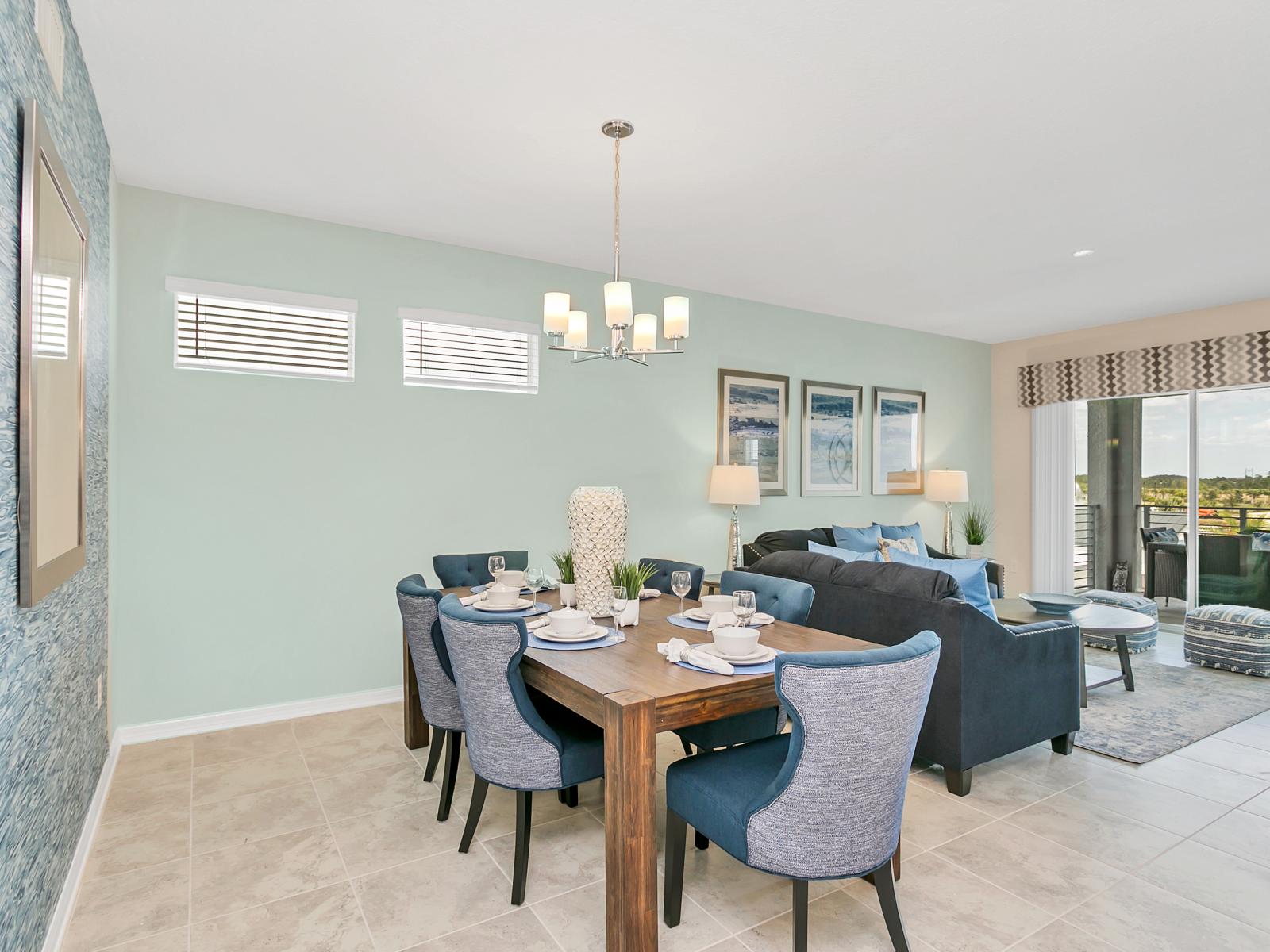 - Marvelous dinning area of the condo in Kissimmee - Glorious balcony facing 6 persons dinning area - Majestic chandelier over the dinning table - Amazing bright and airy dinning space to enjoy your meals with your loved ones