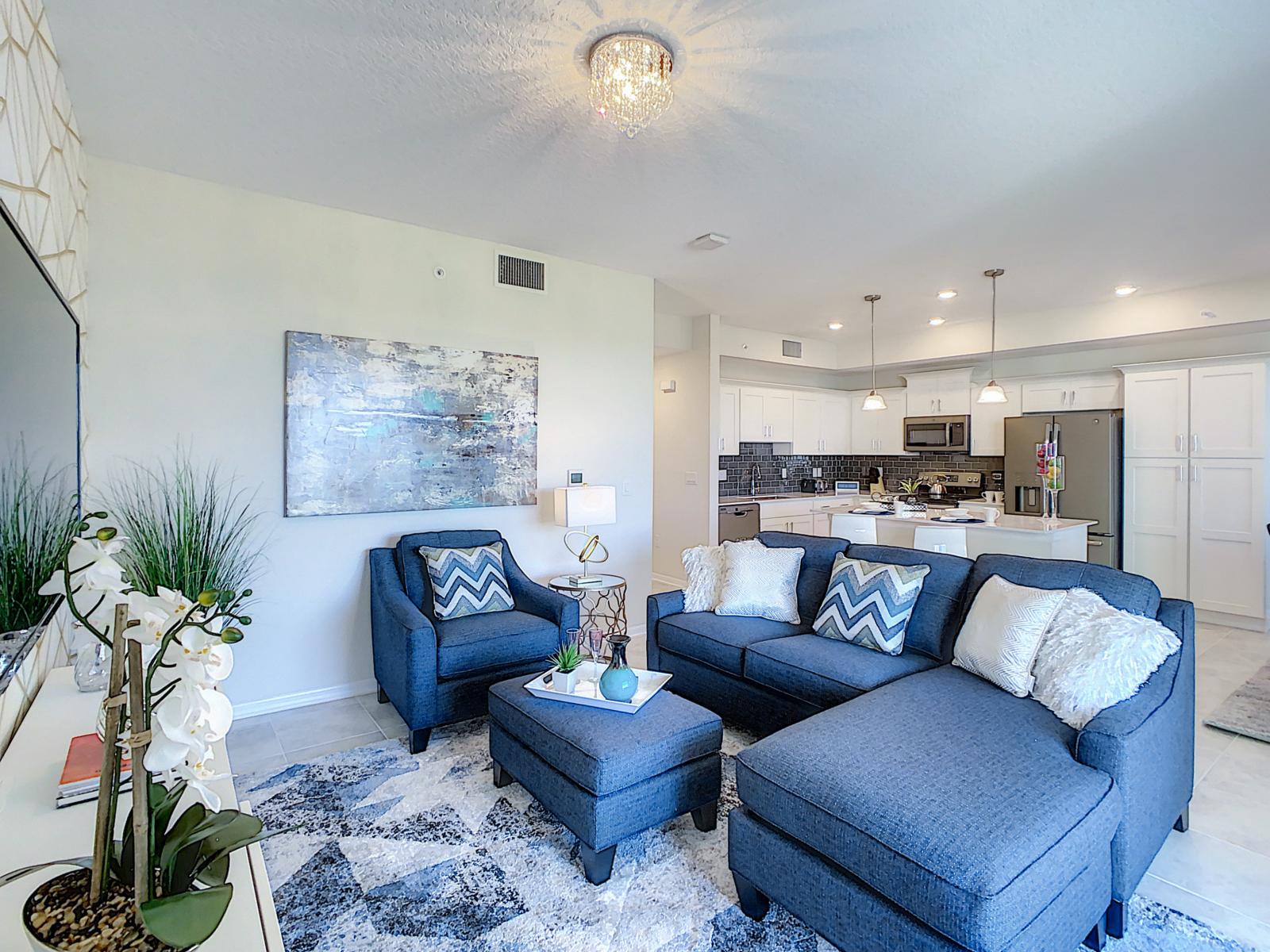 Chic Retreat: This upscale living space in our condo is the epitome of sophistication, blending contemporary style with plush furnishings for an unforgettable stay