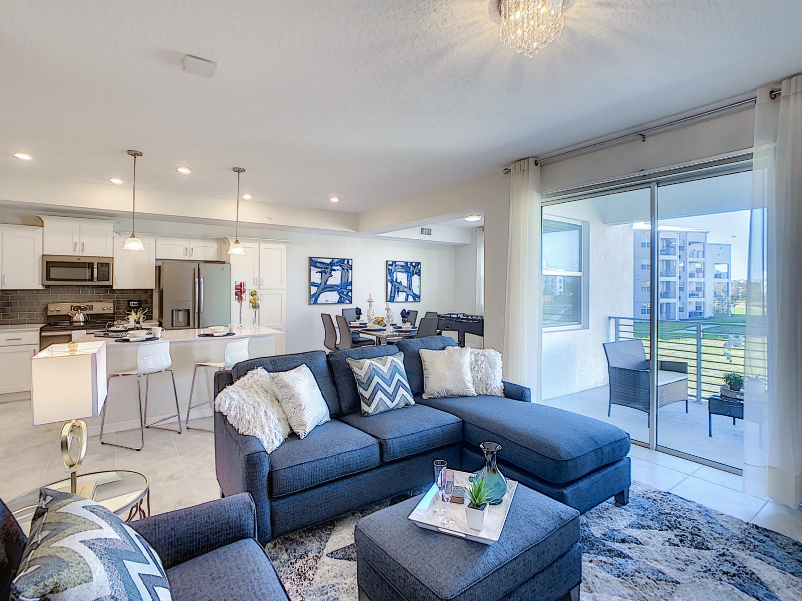 Chic Retreat: This upscale living space in our condo is the epitome of sophistication, blending contemporary style with plush furnishings for an unforgettable stay