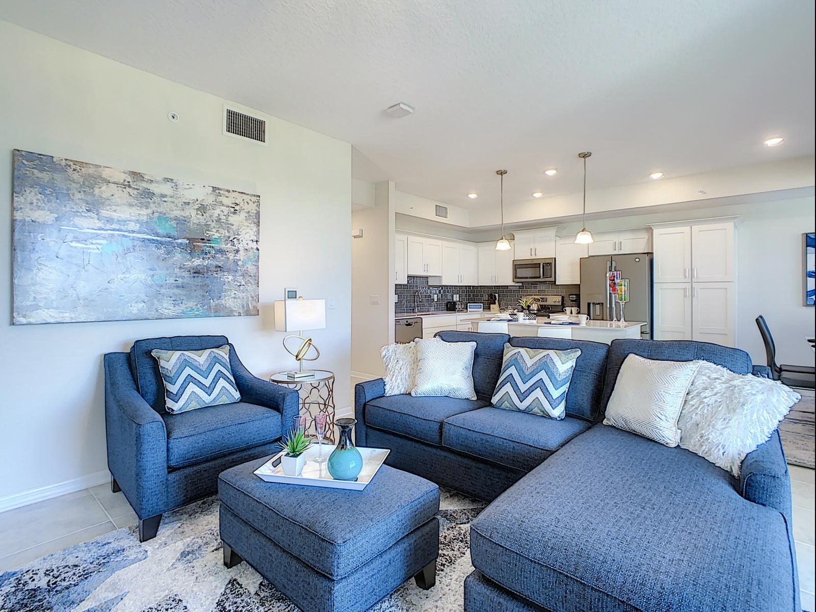 Chic Retreat: This upscale living space in our condo is the epitome of sophistication, blending contemporary style with plush furnishings for an unforgettable stay