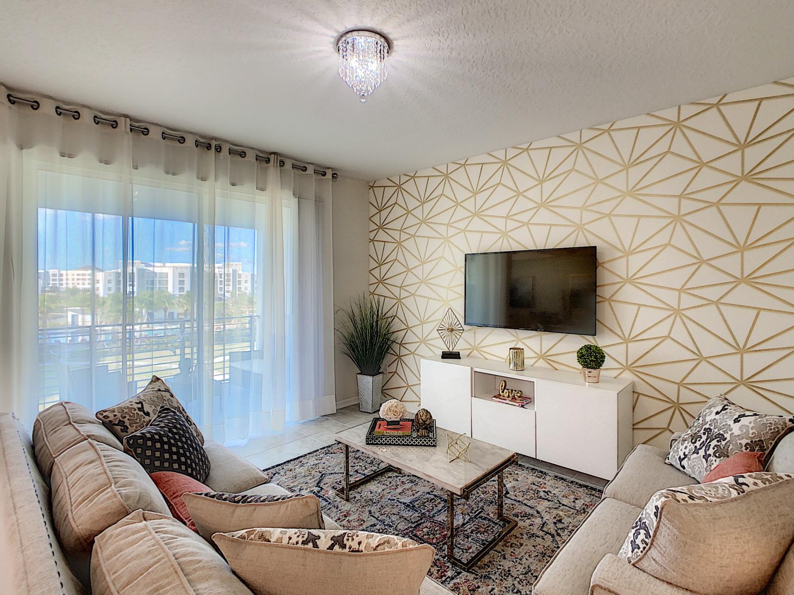 Modern Grandeur: Immerse yourself in luxury with our condo's living room – a showcase of contemporary design, top-notch amenities, and a welcoming atmosphere