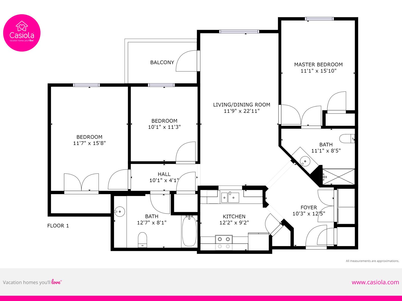 Discover the layout of the unit with this detailed floor plan. From the well-appointed bedrooms to the open living spaces, each aspect is thoughtfully designed to provide comfort and functionality for your stay.