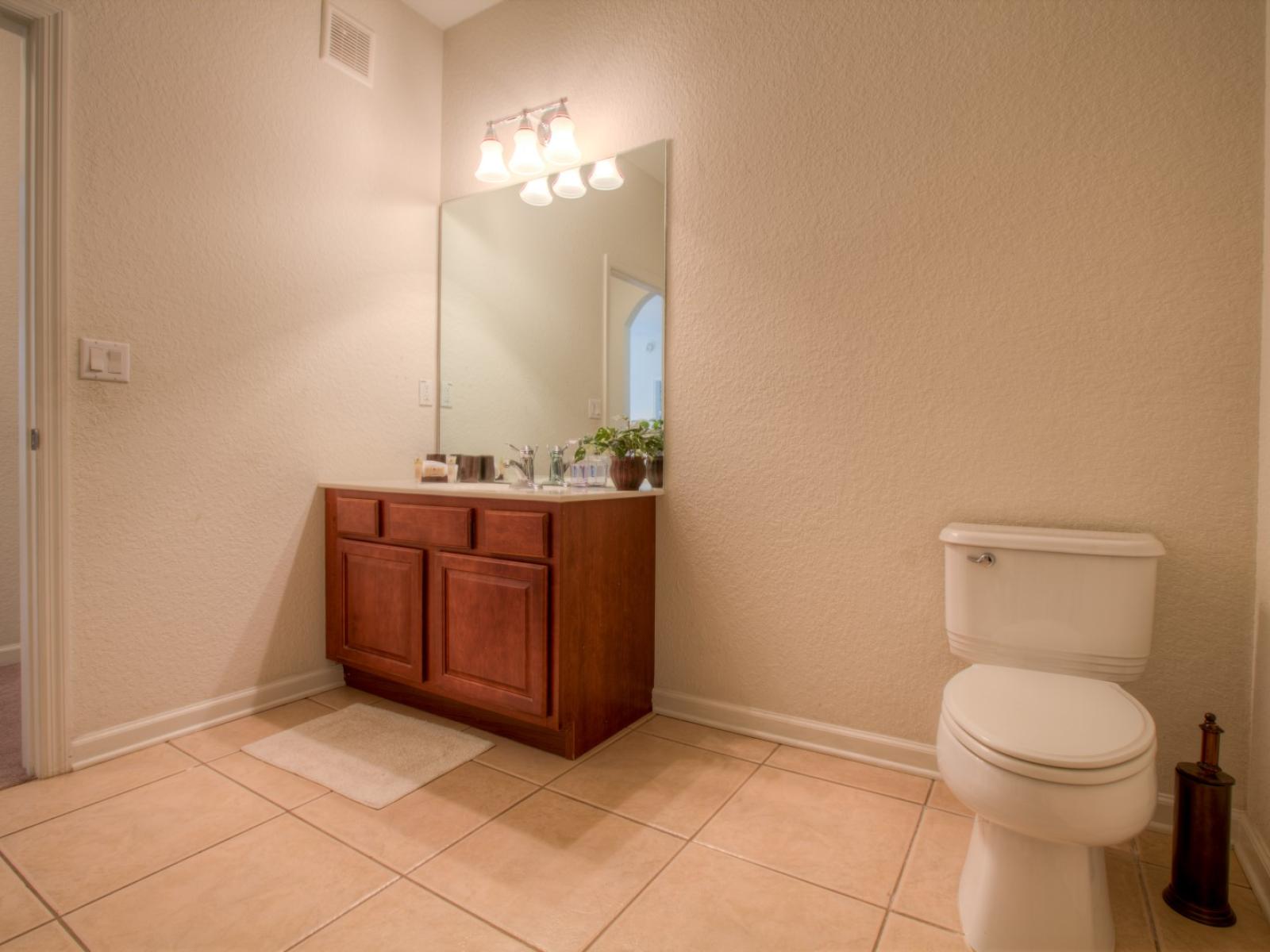 Refresh and Revitalize: Step into this stylish toilet and vanity space for a rejuvenating experience.