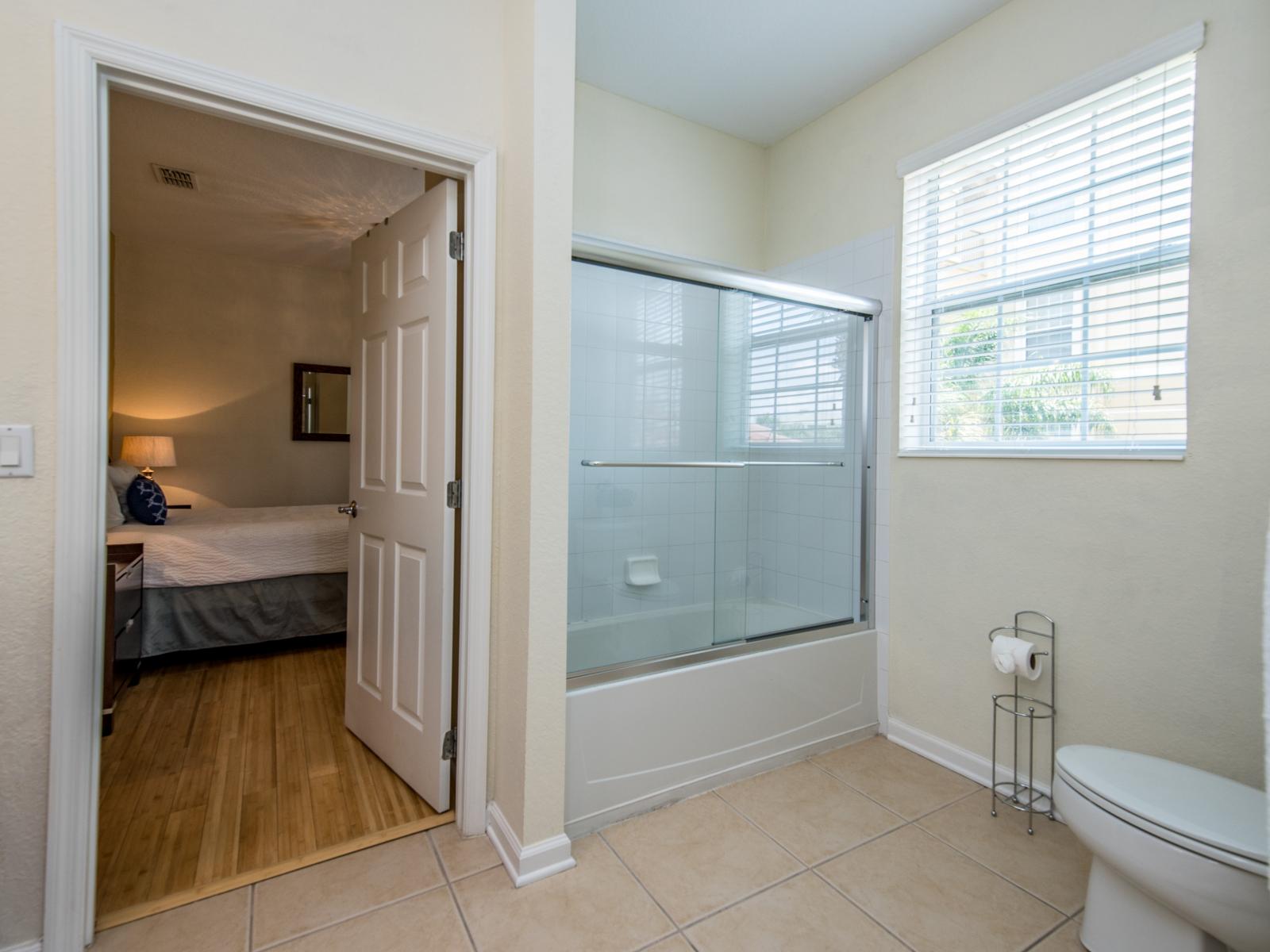 Let bath time be transformed into something relaxing and luxurious with this spacious modern bathroom.