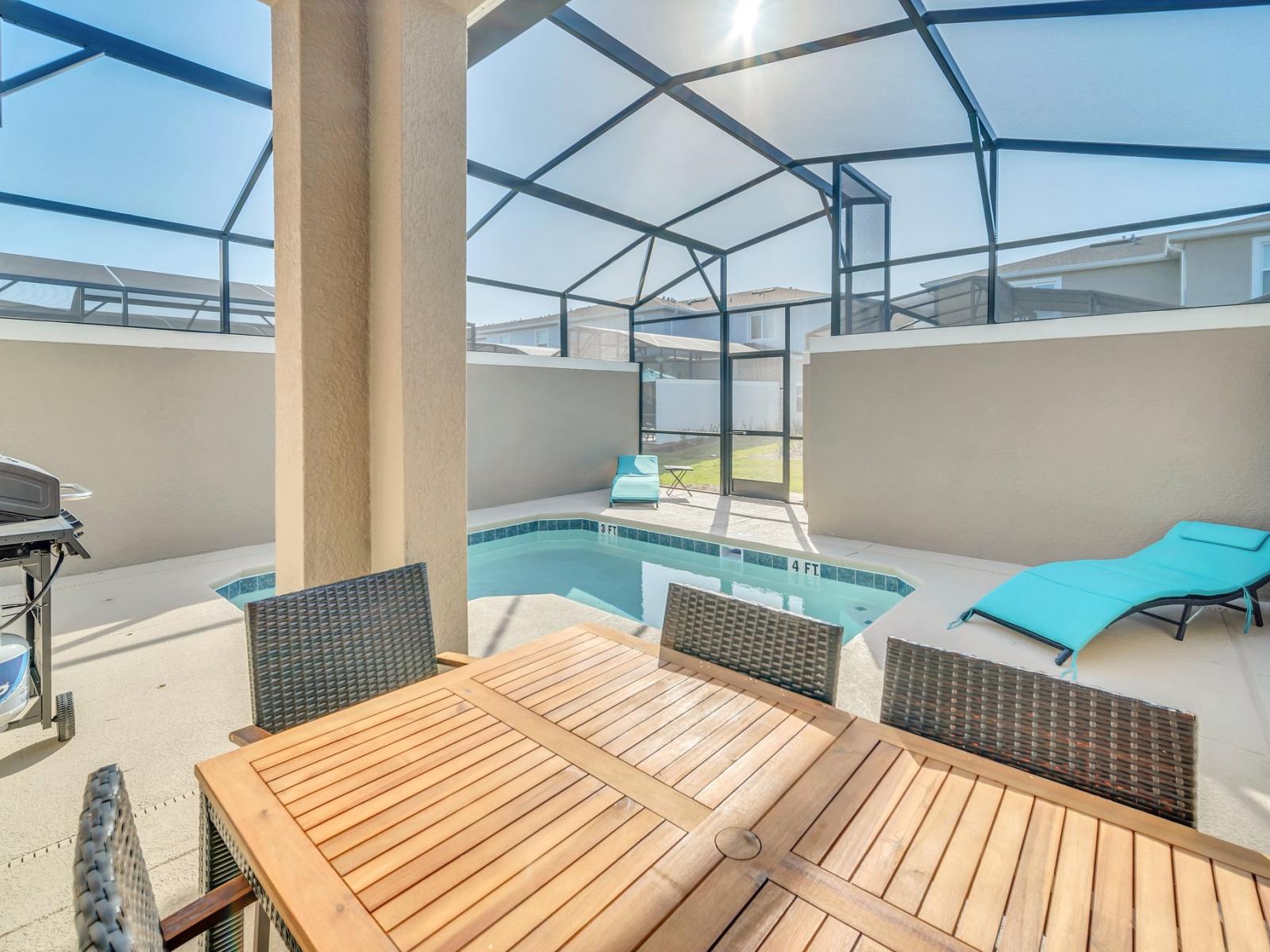 The pool/patio area offers a delightful retreat, blending comfort and leisure seamlessly. Surrounded by lush greenery, the sparkling pool beckons for refreshing dips, while the patio provides ample space for lounging and soaking up the sun.